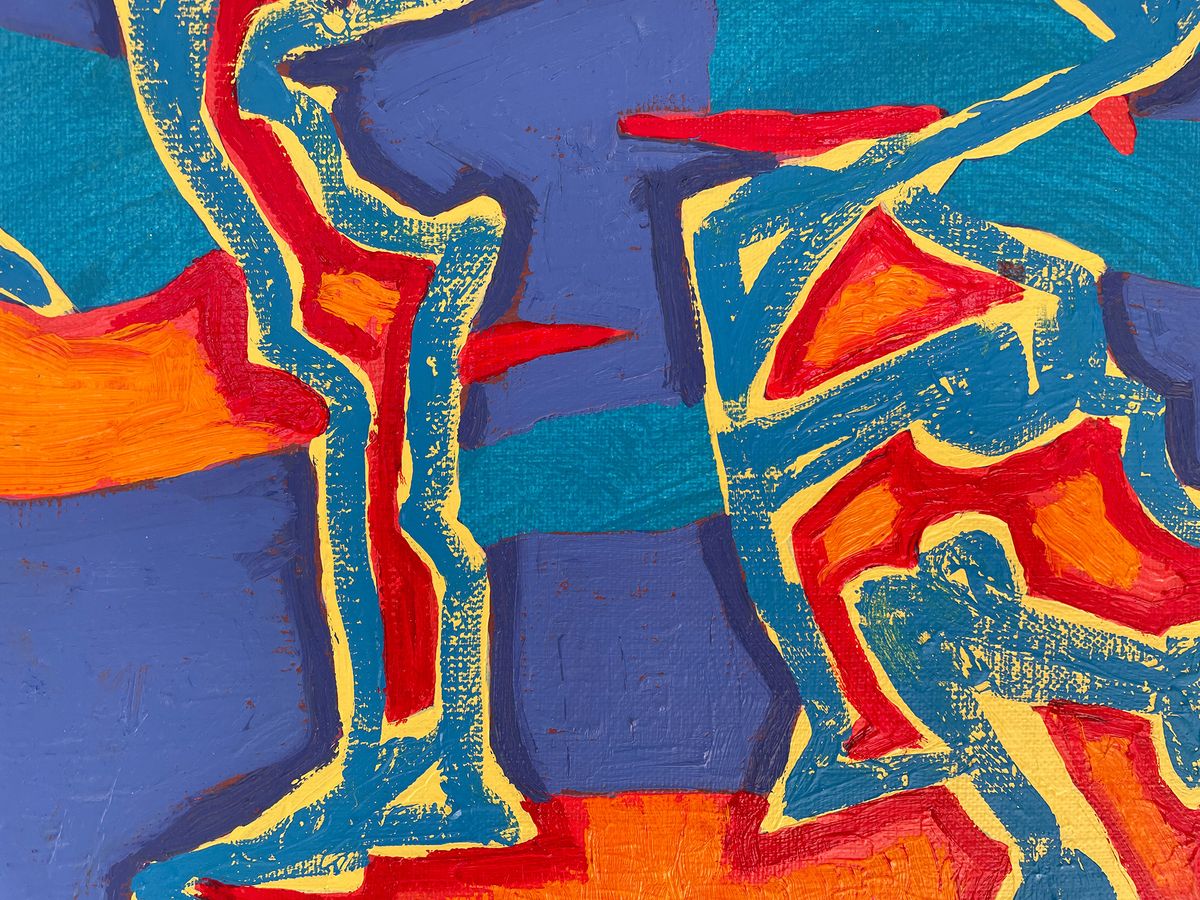 abstract oil painting with blue and red tones, fragment