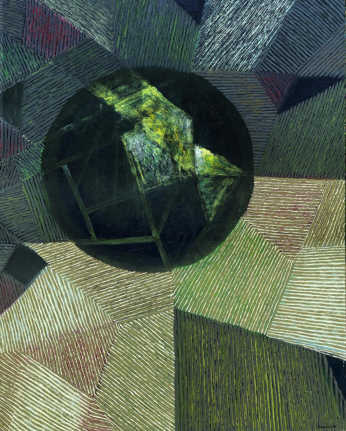 Balck Sunset, semi abstract oil painting, fields and black sun, by Jolanta Johnsson