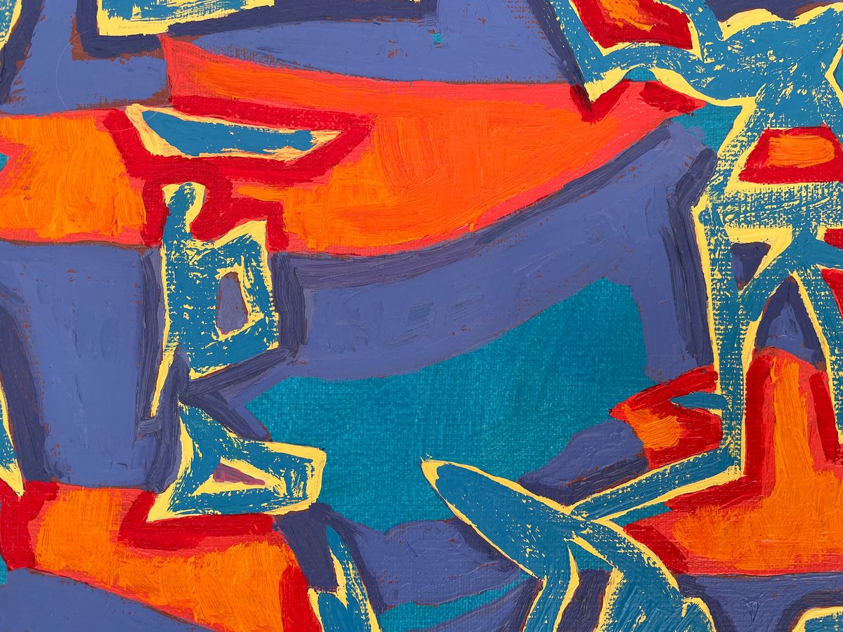 abstract oil painting with blue and red tones, fragment