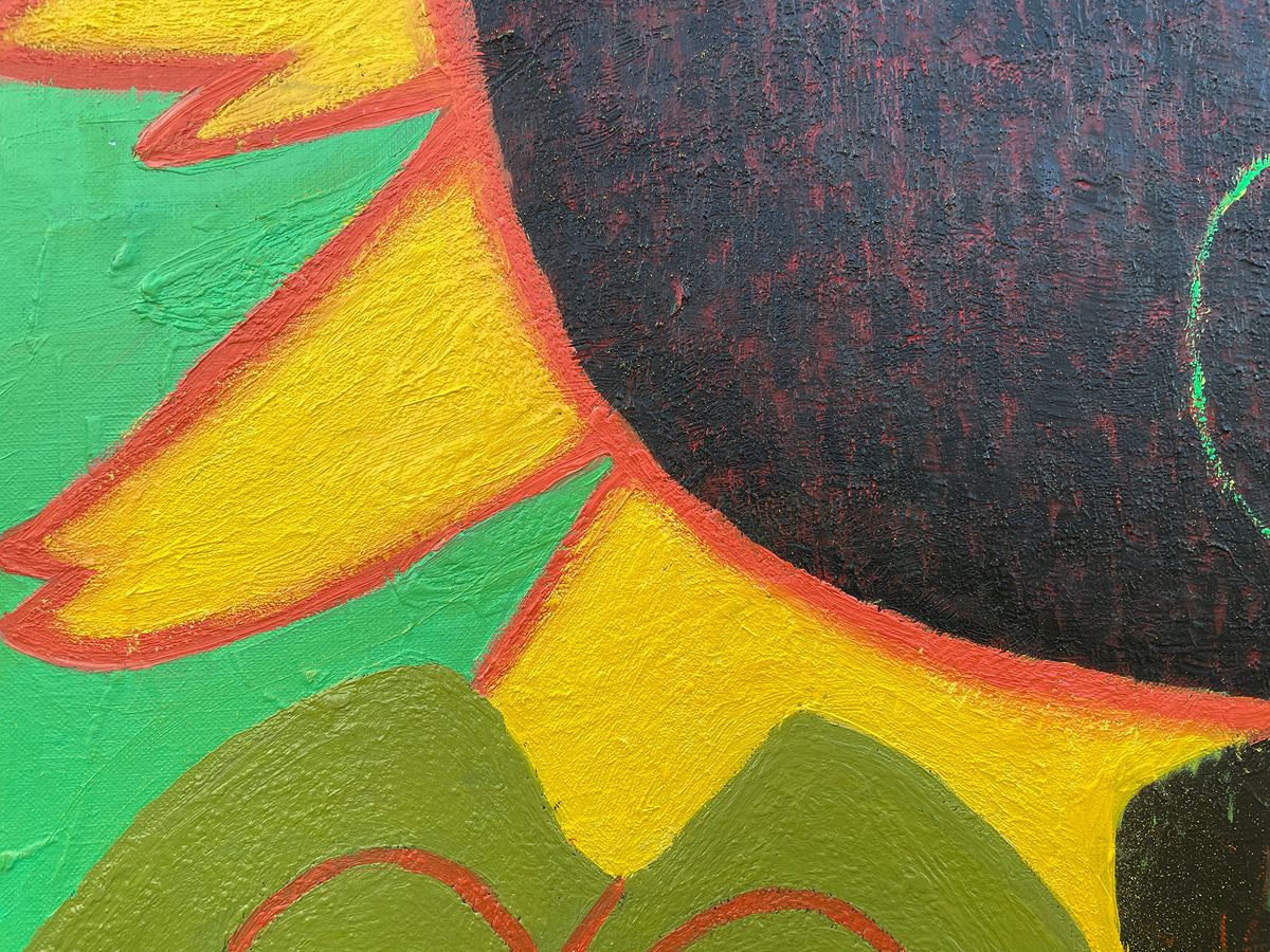 oil painting, two people under a big sunflower - fragment