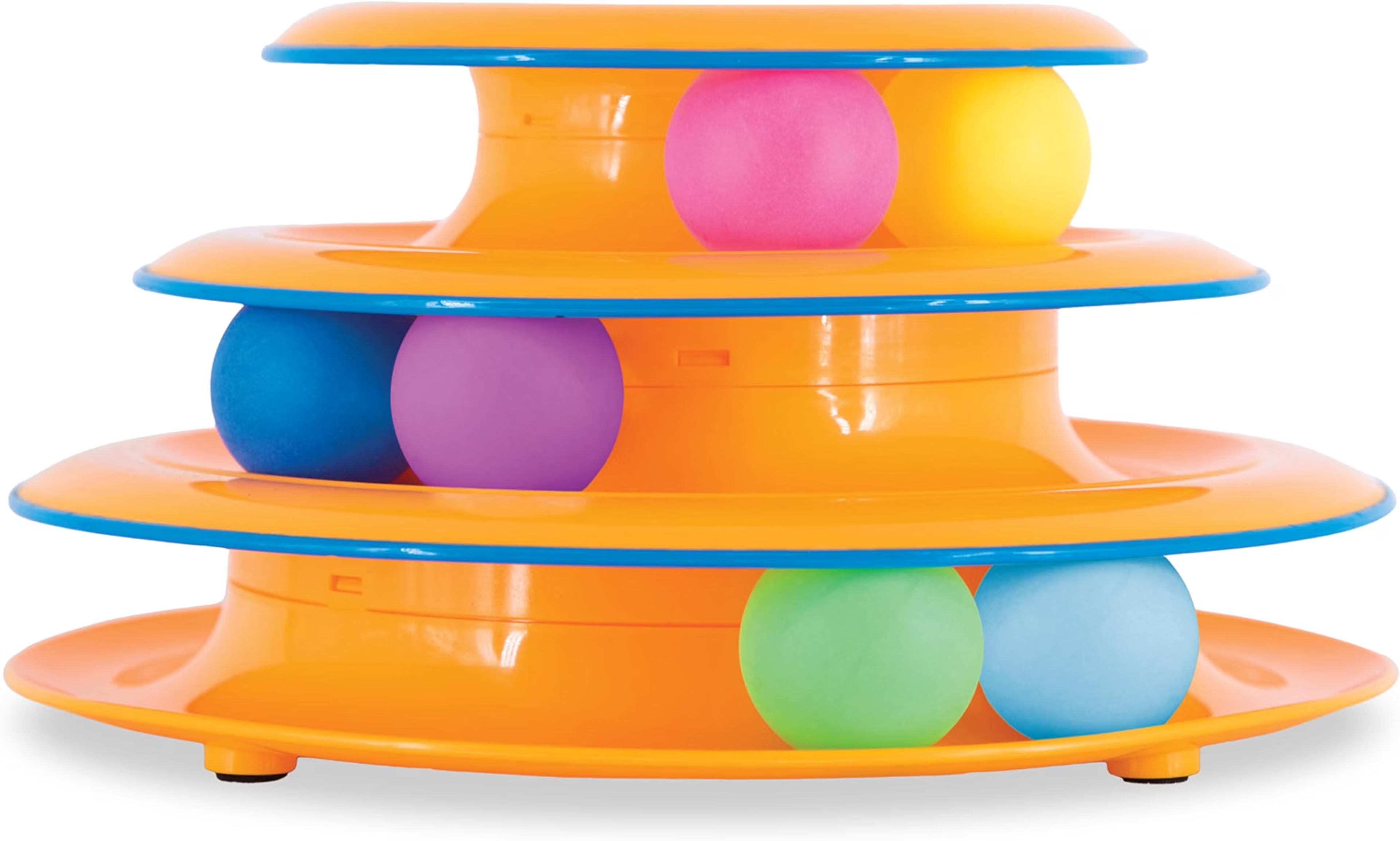 Catstages Tower of Tracks interactive cat toy with three levels and spinning balls