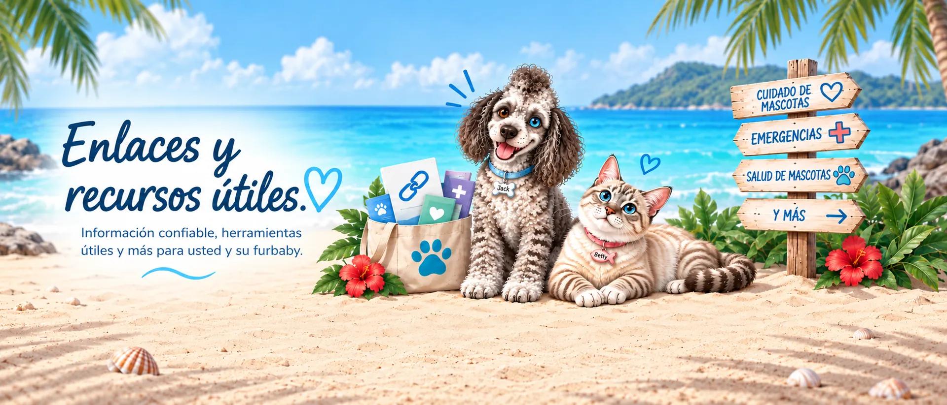 Jack, un perro alegre, y Betty, una gata de ojos azules, descansan en una playa tropical junto a una bolsa con recursos y un letrero sobre cuidado, emergencias, salud de mascotas y más.