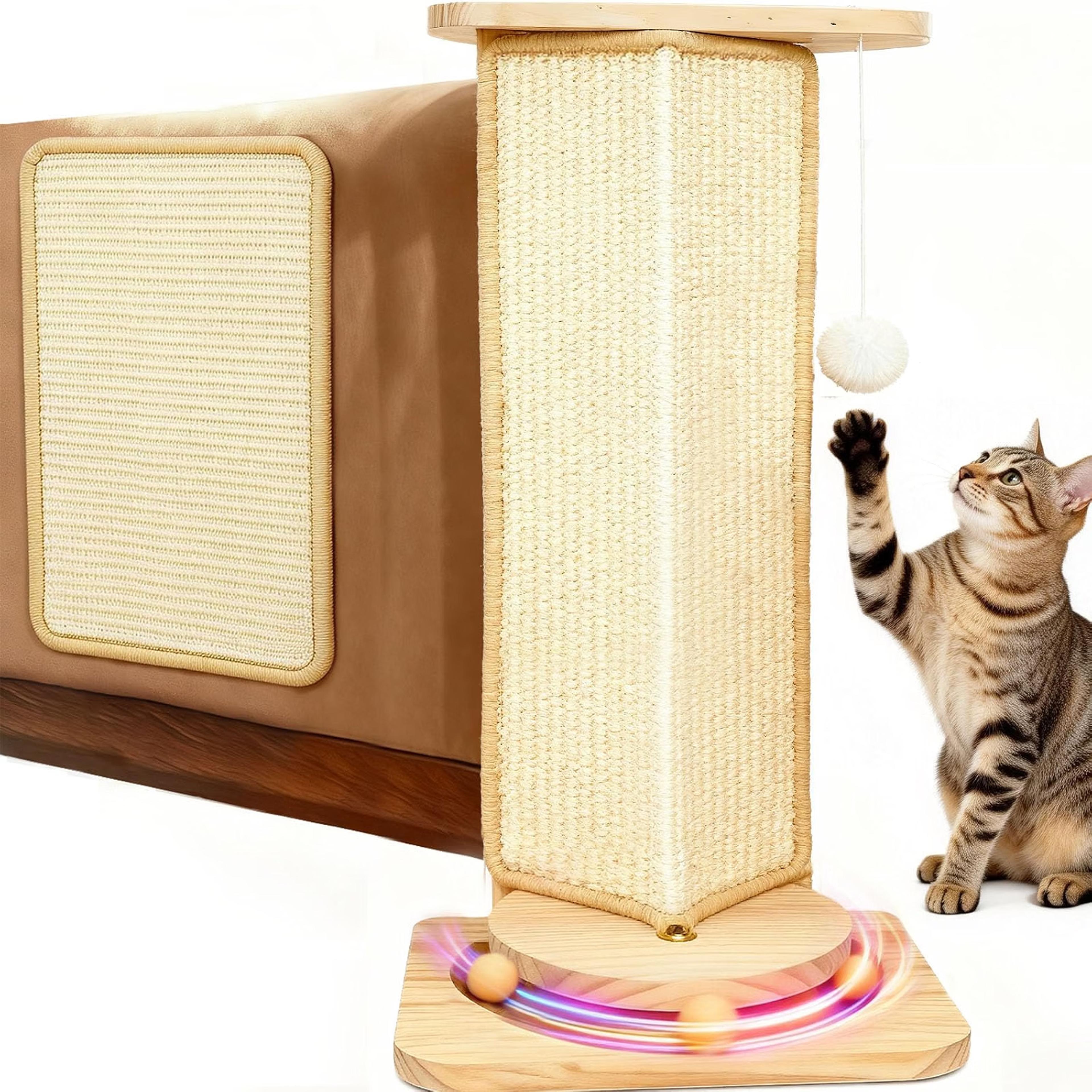 Cat using a corner sisal scratcher with interactive ball toy