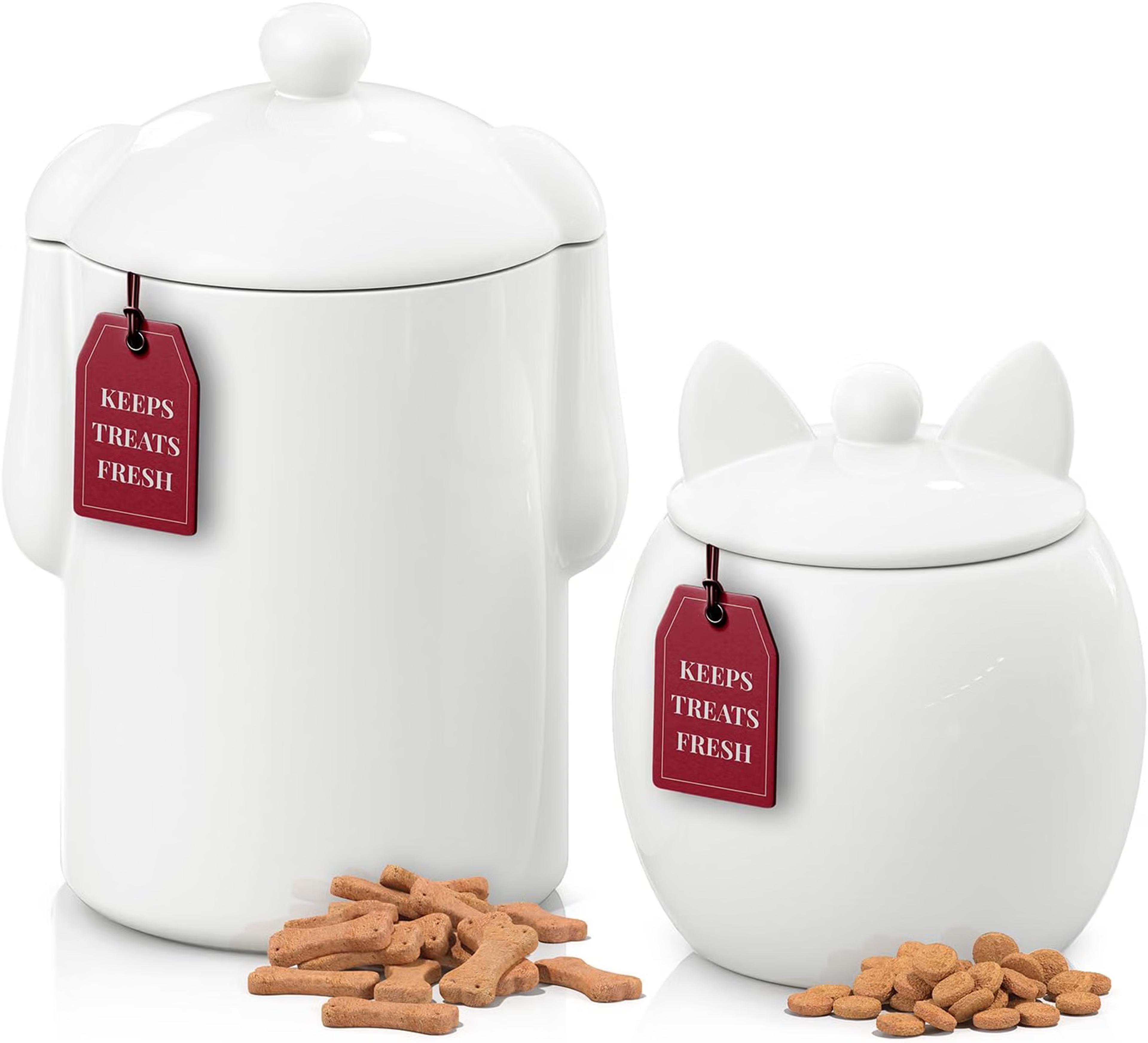 White ceramic treat storage jars for dogs and cats with airtight lids