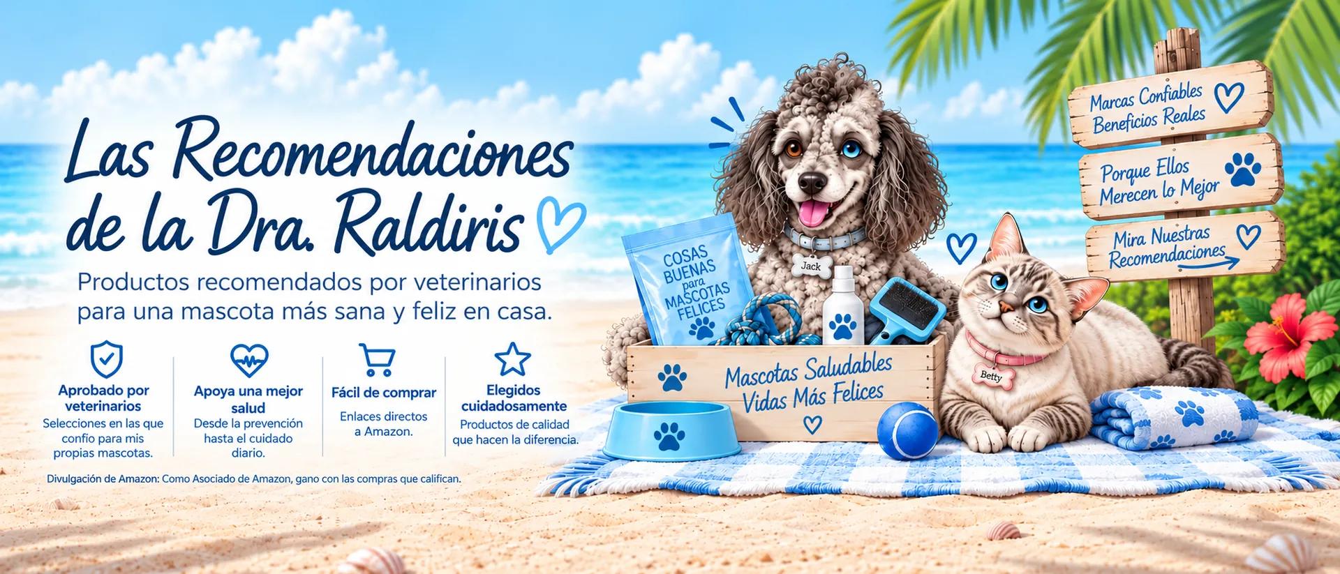 Escena de playa de Las Recomendaciones de la Dra. Raldiris con Jack, el perro, y Betty, la gata, rodeados de productos recomendados por veterinarios, con una playa tropical y el océano de fondo.