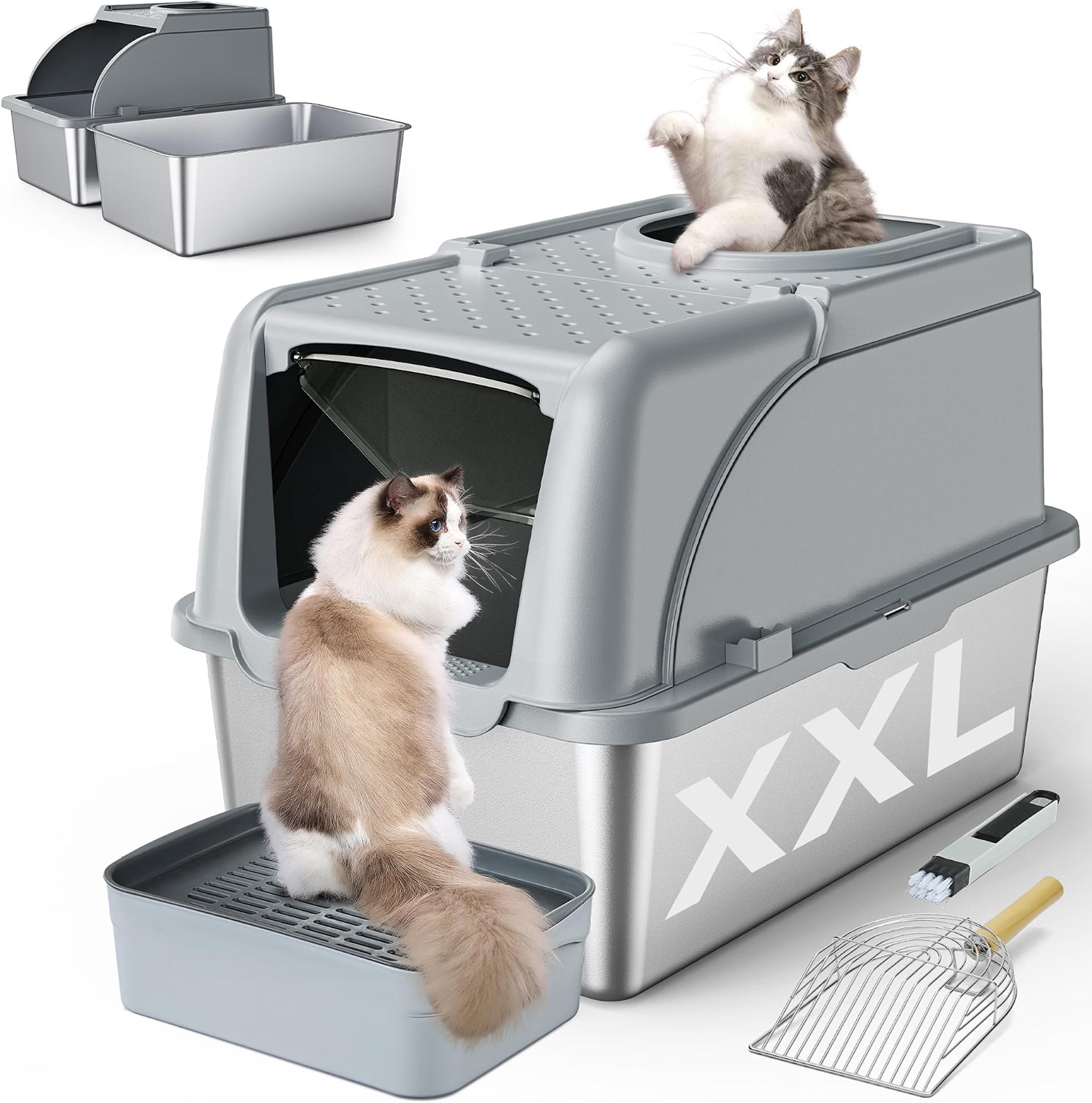 Rilvva XXL stainless steel covered cat litter box with high walls and dual entrances