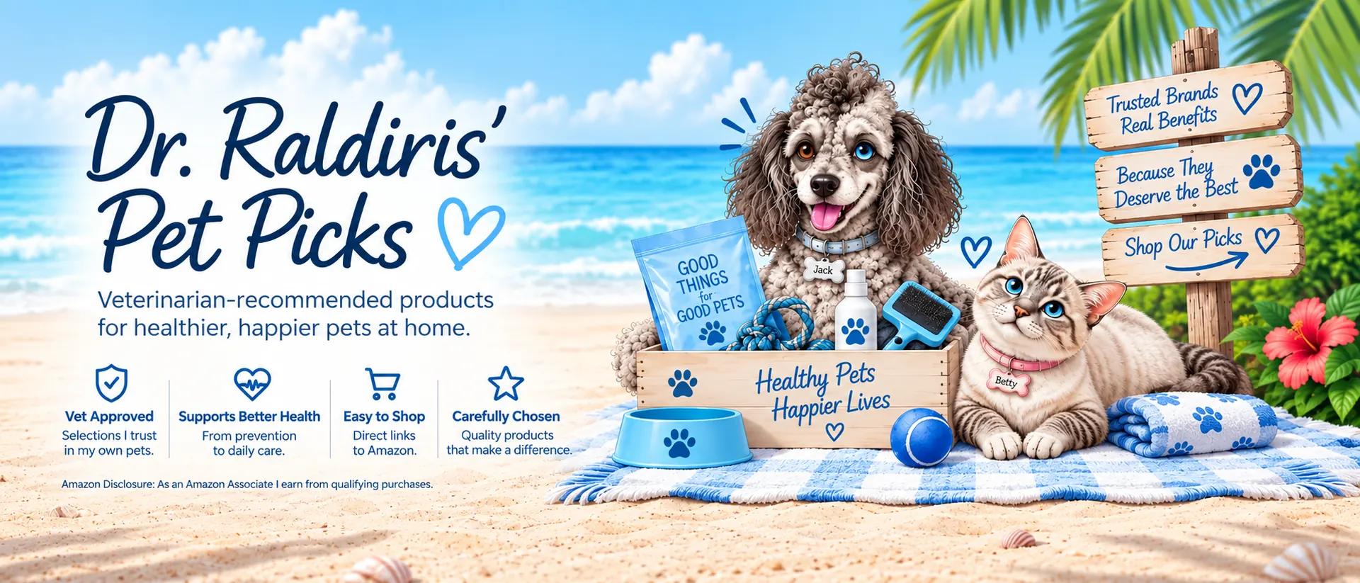 Beach scene featuring Jack the dog and Betty the cat surrounded by veterinarian-recommended pet products, with a tropical beach and ocean in the background.
