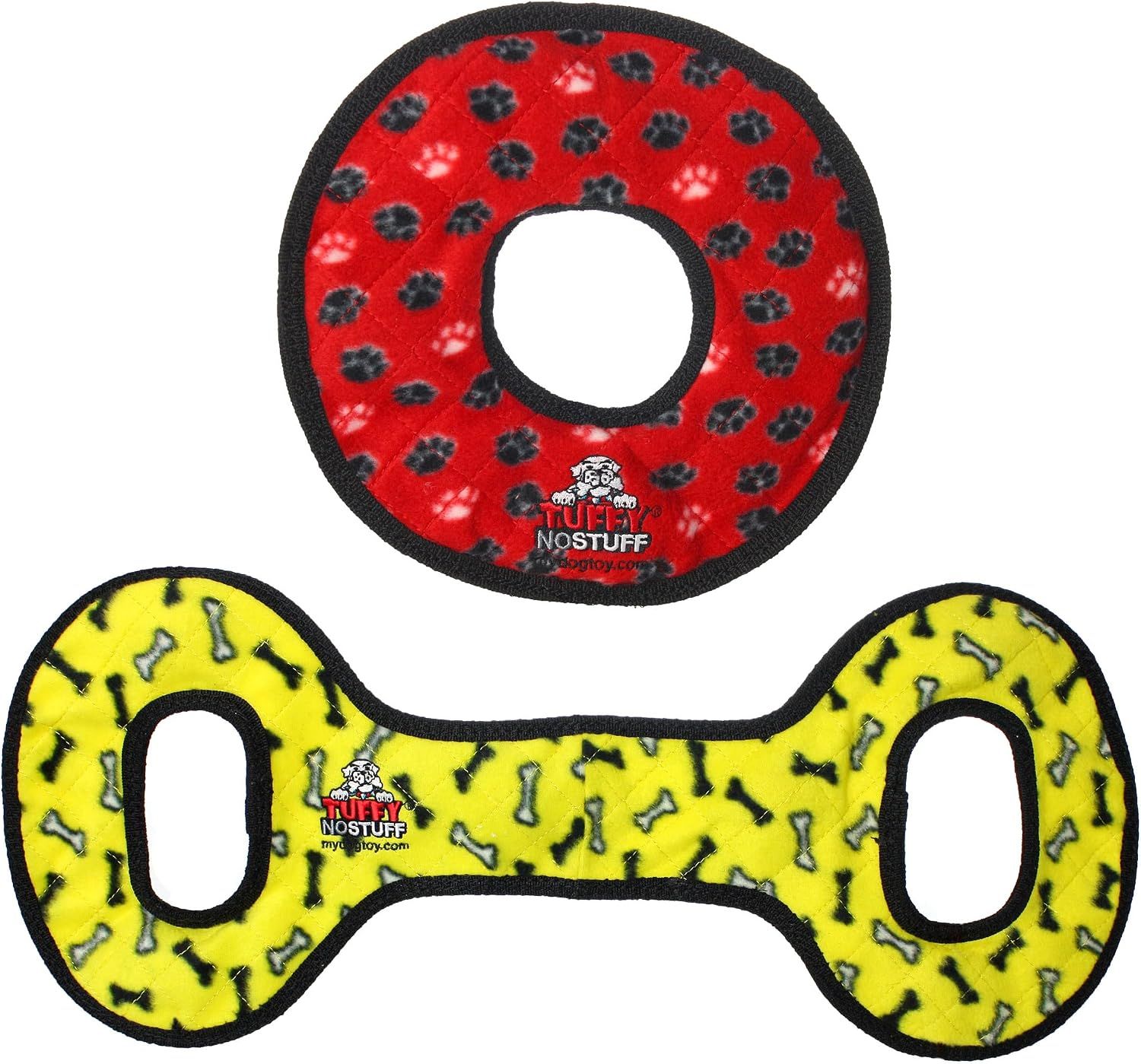 Two red TUFFY plush Tug-O-War dog toys with paw print design.