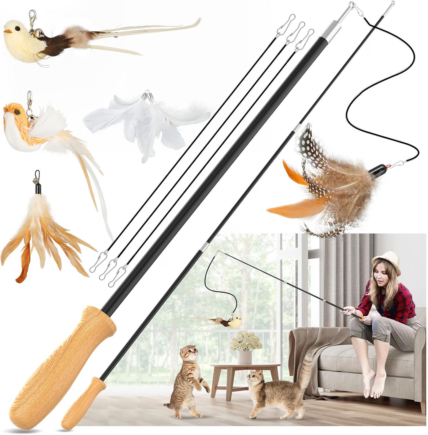 ROSAUI interactive wand toy with feather and bird attachments for cats