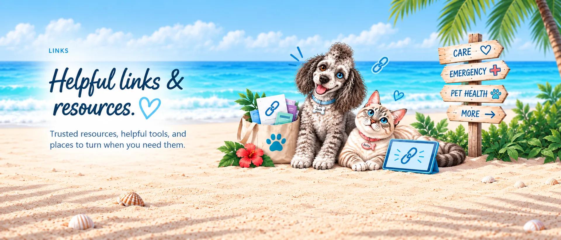 Cheerful dog Jack and cat Betty relaxing on a tropical beach beside a resource-filled tote and a signpost for pet care, emergencies, pet health, and more.