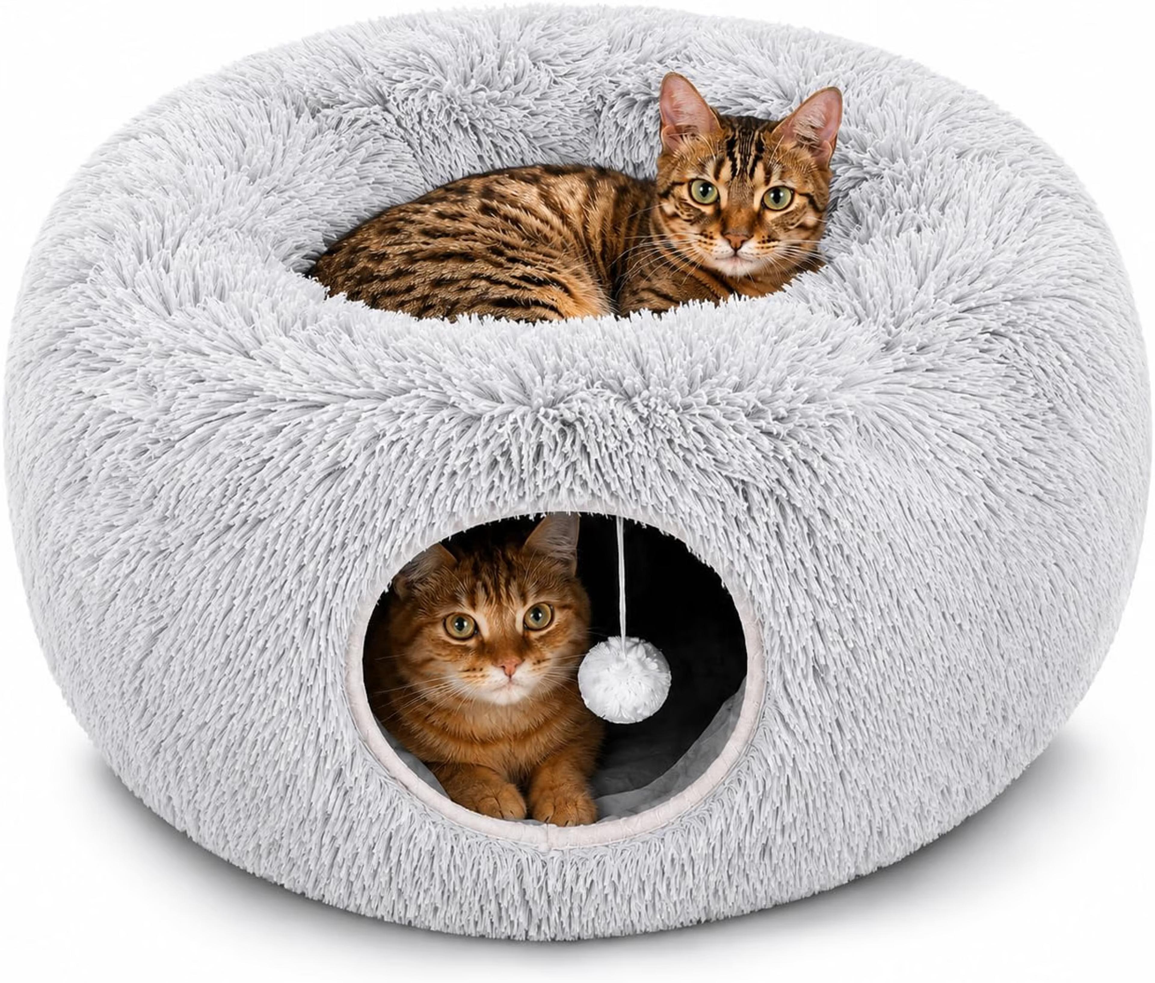 XL plush cat tunnel bed with circular donut design and openings for cats to play and hide