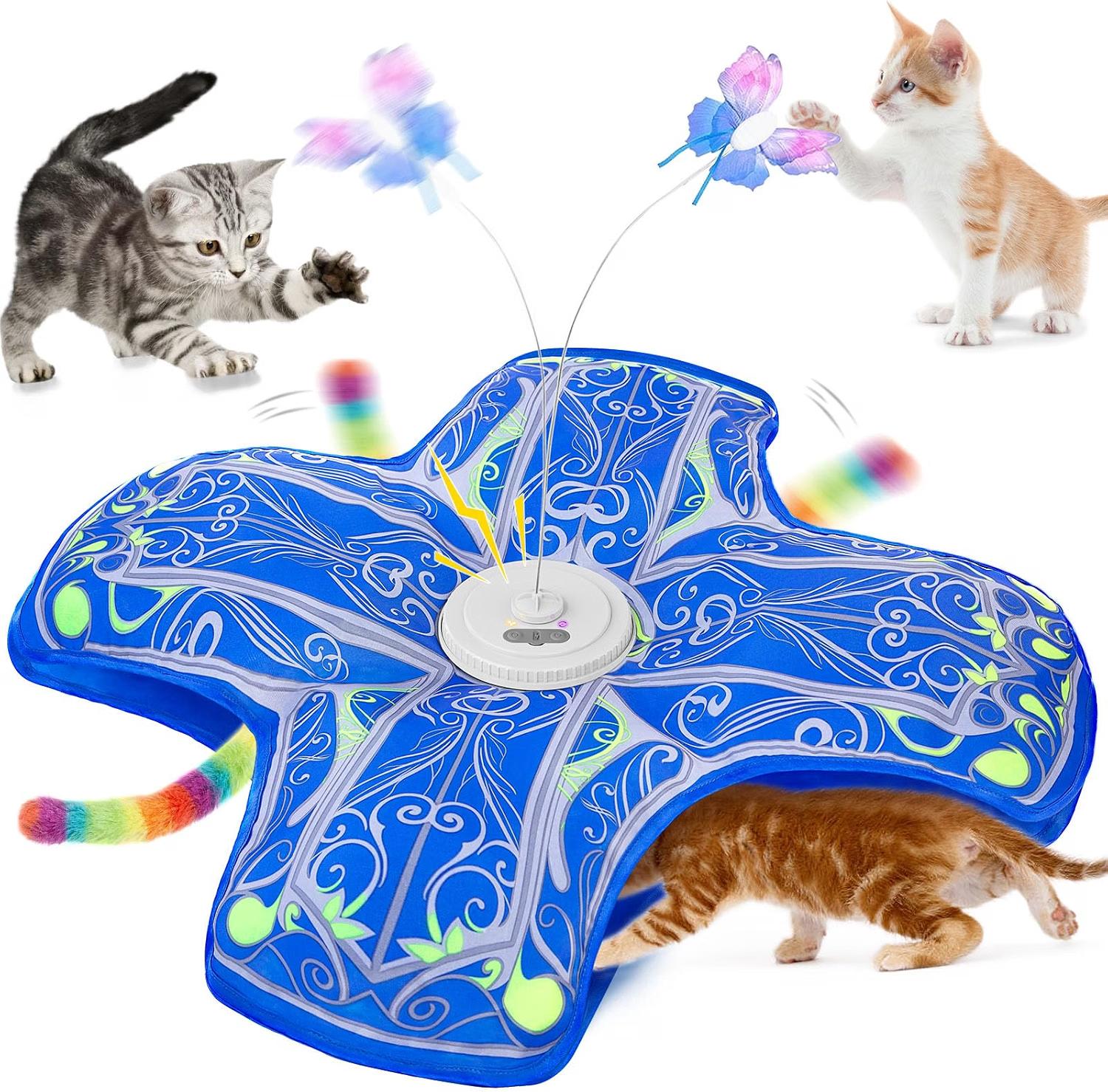 Qraxond interactive rechargeable cat toy with colorful butterfly and plush tail