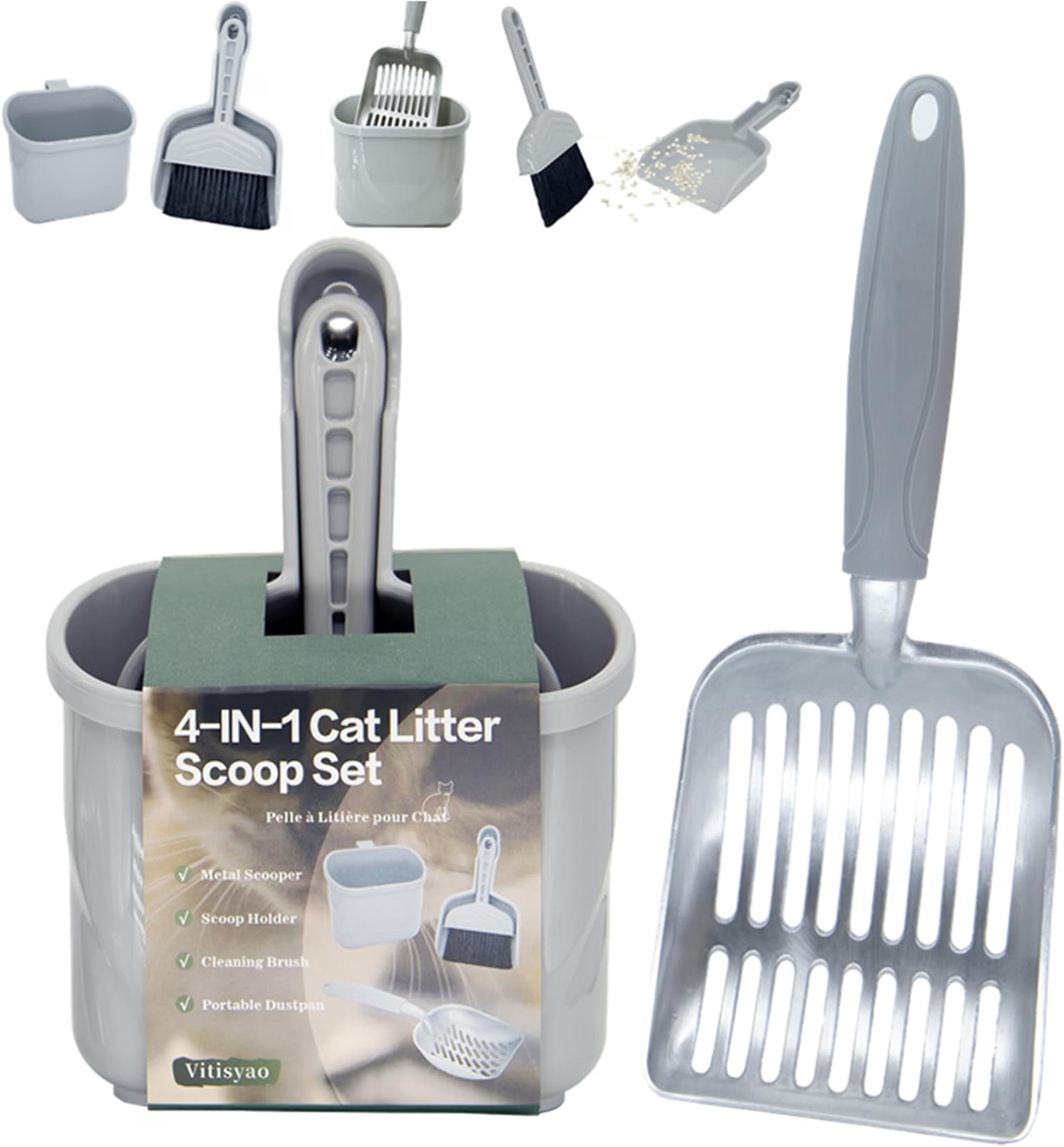 4-in-1 cat litter scoop and cleaning kit with holder, broom, and dustpan
