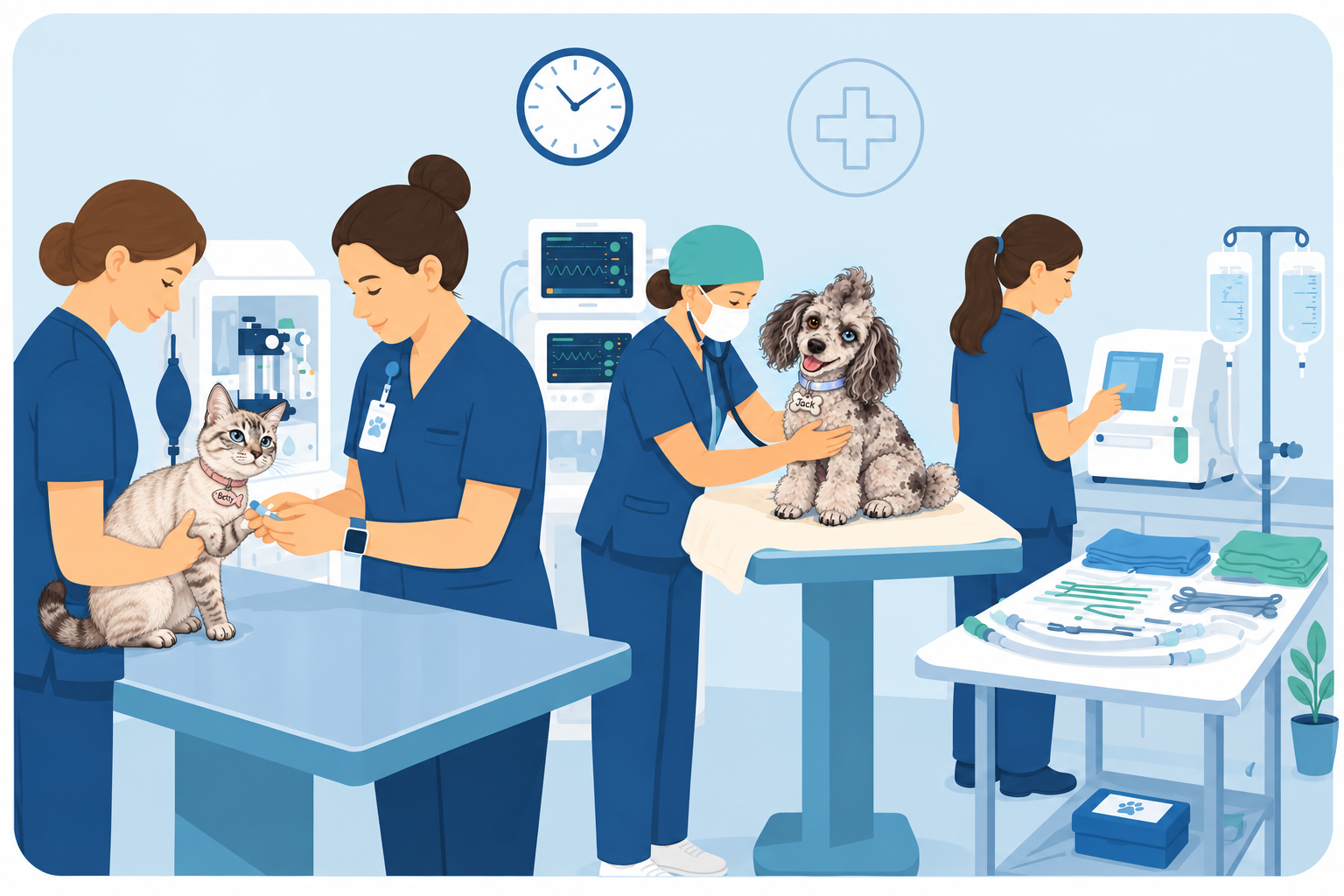 A busy veterinary surgical preparation room where multiple procedures are happening simultaneously. In the foreground, a veterinary team is placing an IV catheter and setting up medical supplies on a clean stainless steel table.