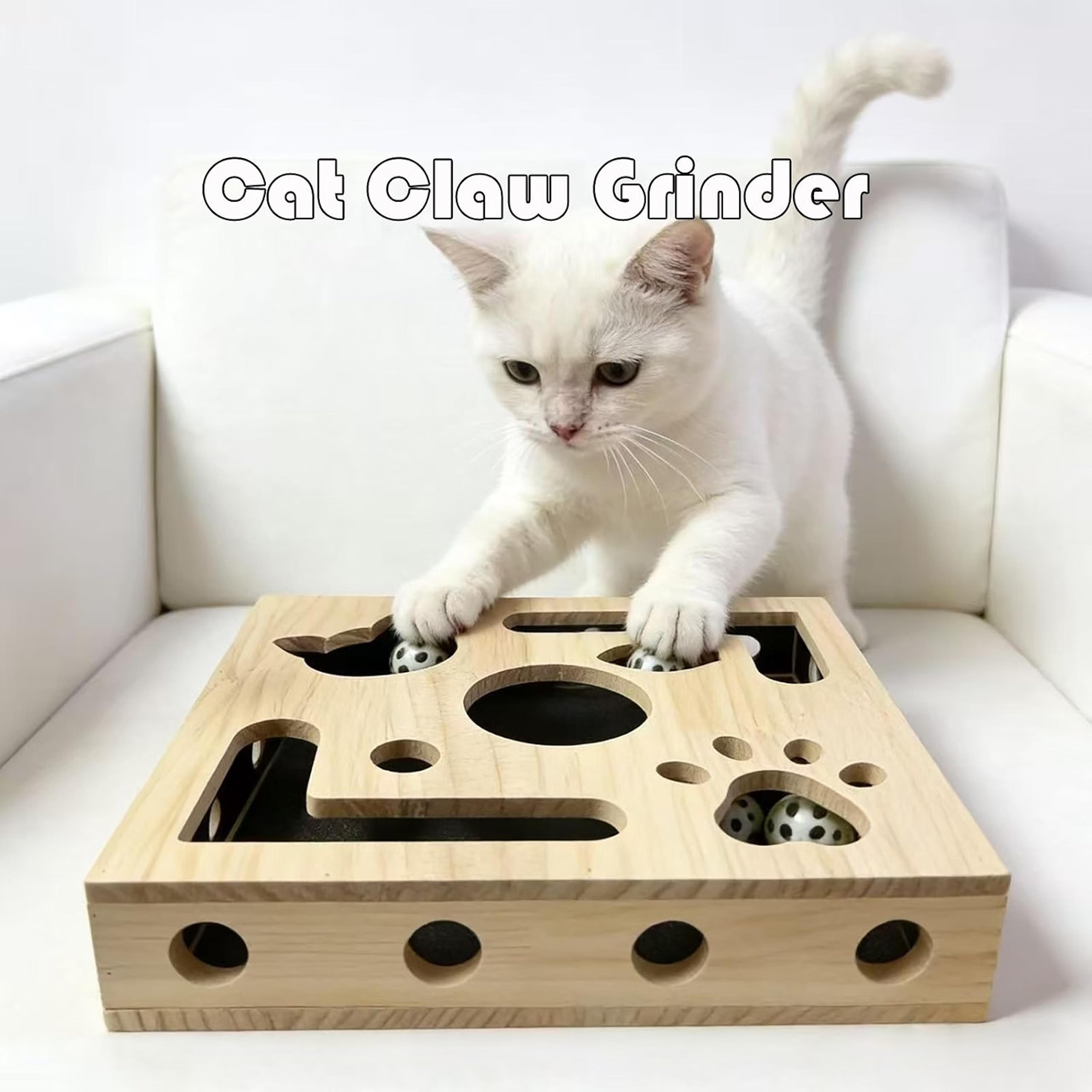 Cat using a solid-wood nail file scratcher with sandpaper