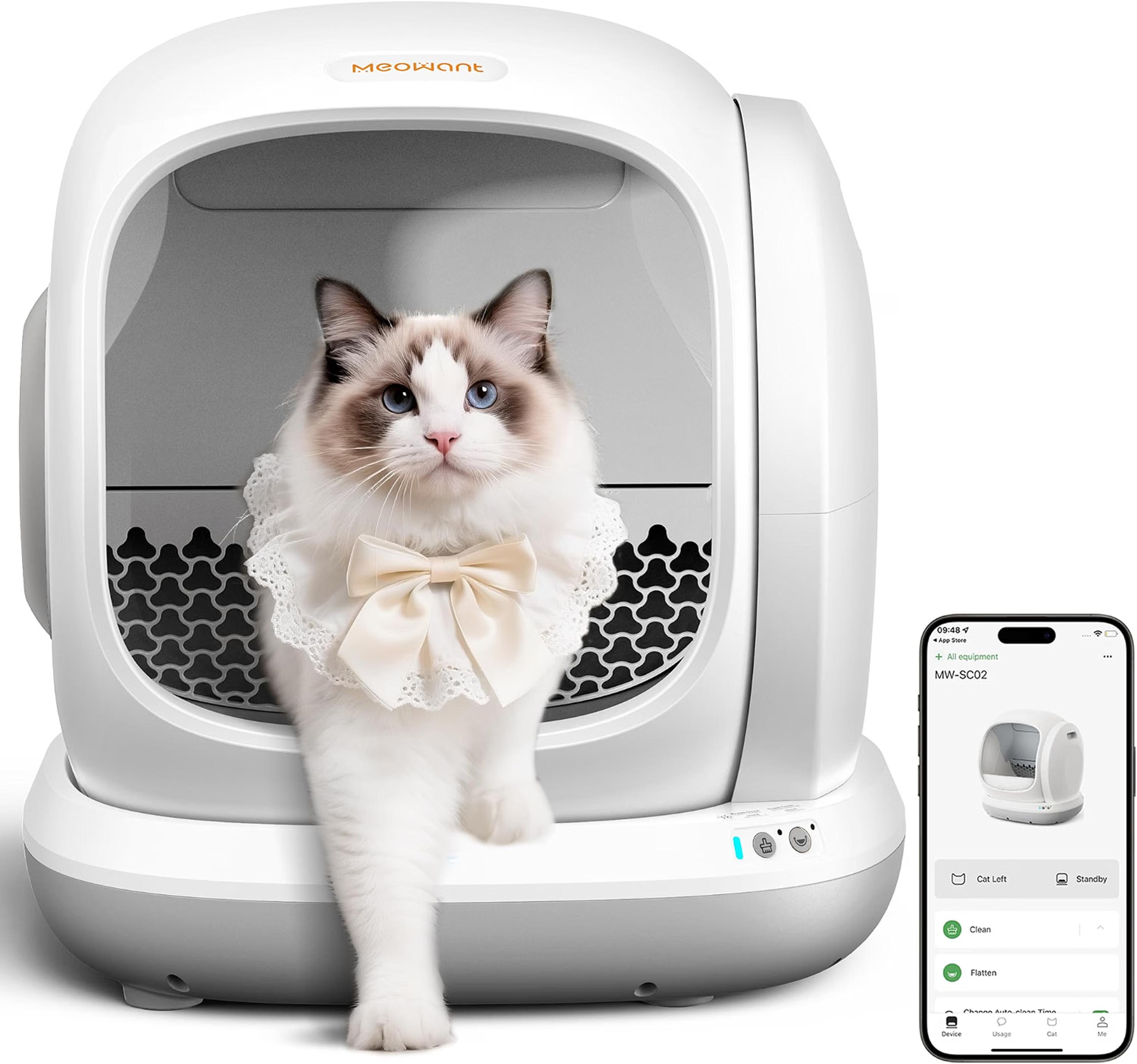 Meowant automatic self-cleaning litter box for cats with open low-entry design