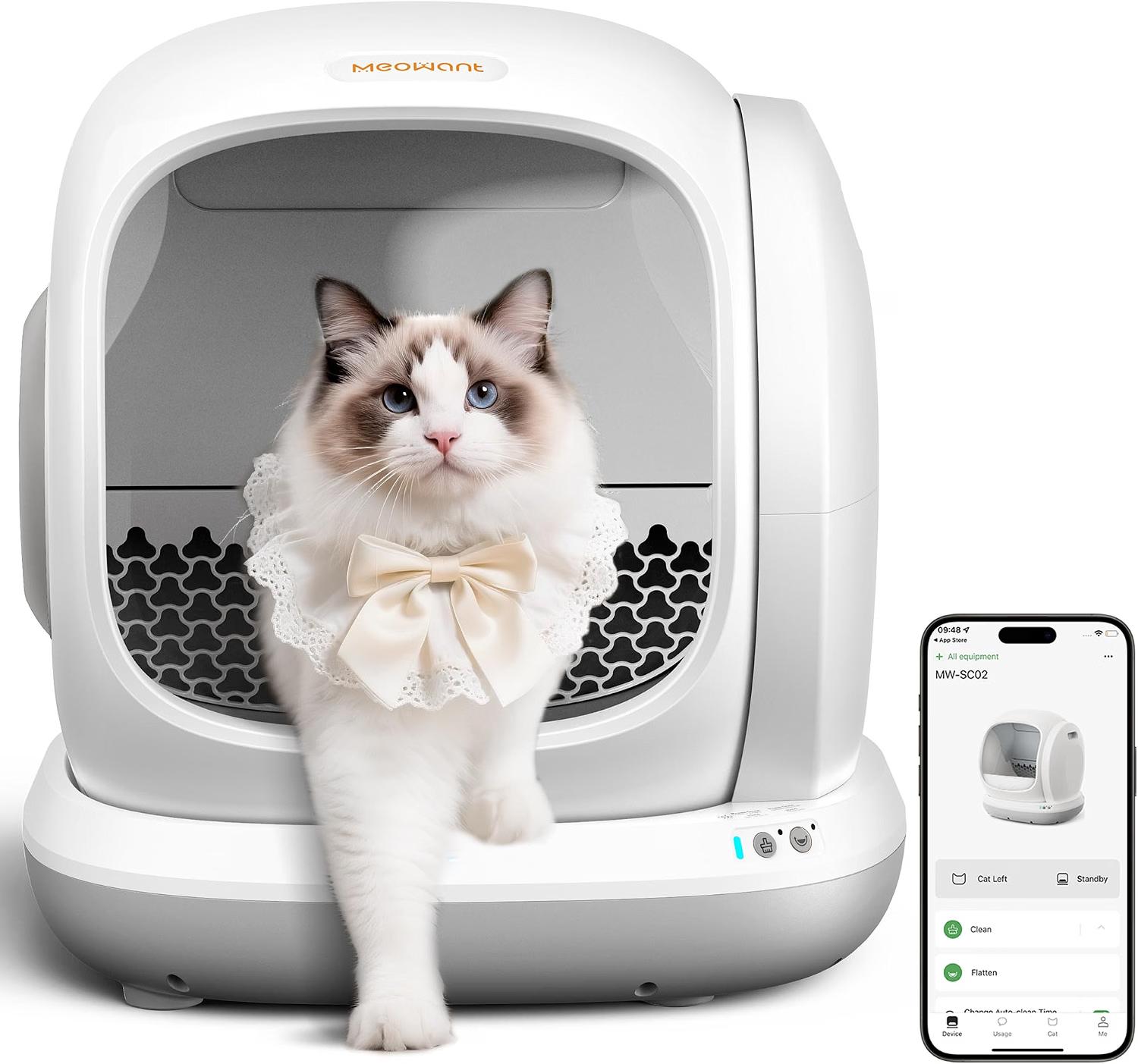 Meowant automatic self-cleaning litter box for cats with open low-entry design