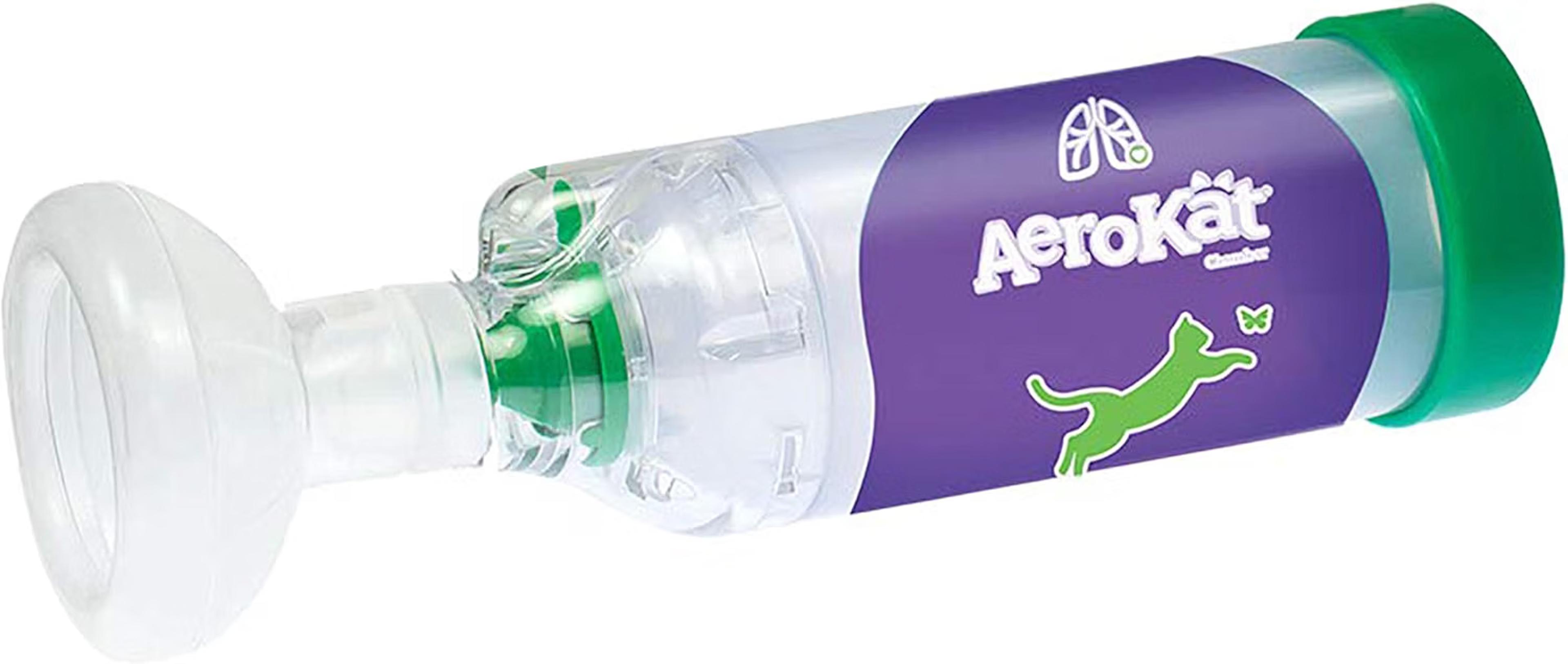 AeroKat feline aerosol chamber inhaler spacer for cats and kittens with Flow-Vu indicator and silicone mask.