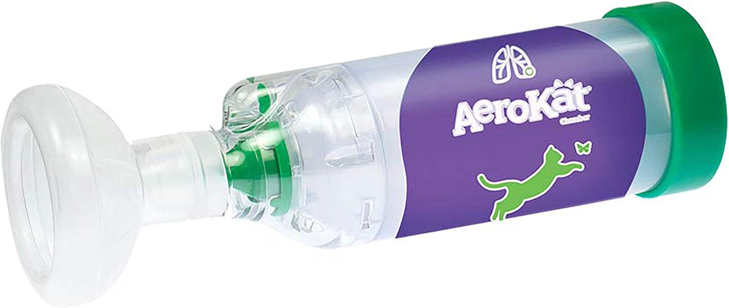 AeroKat feline aerosol chamber inhaler spacer for cats and kittens with Flow-Vu indicator and silicone mask.