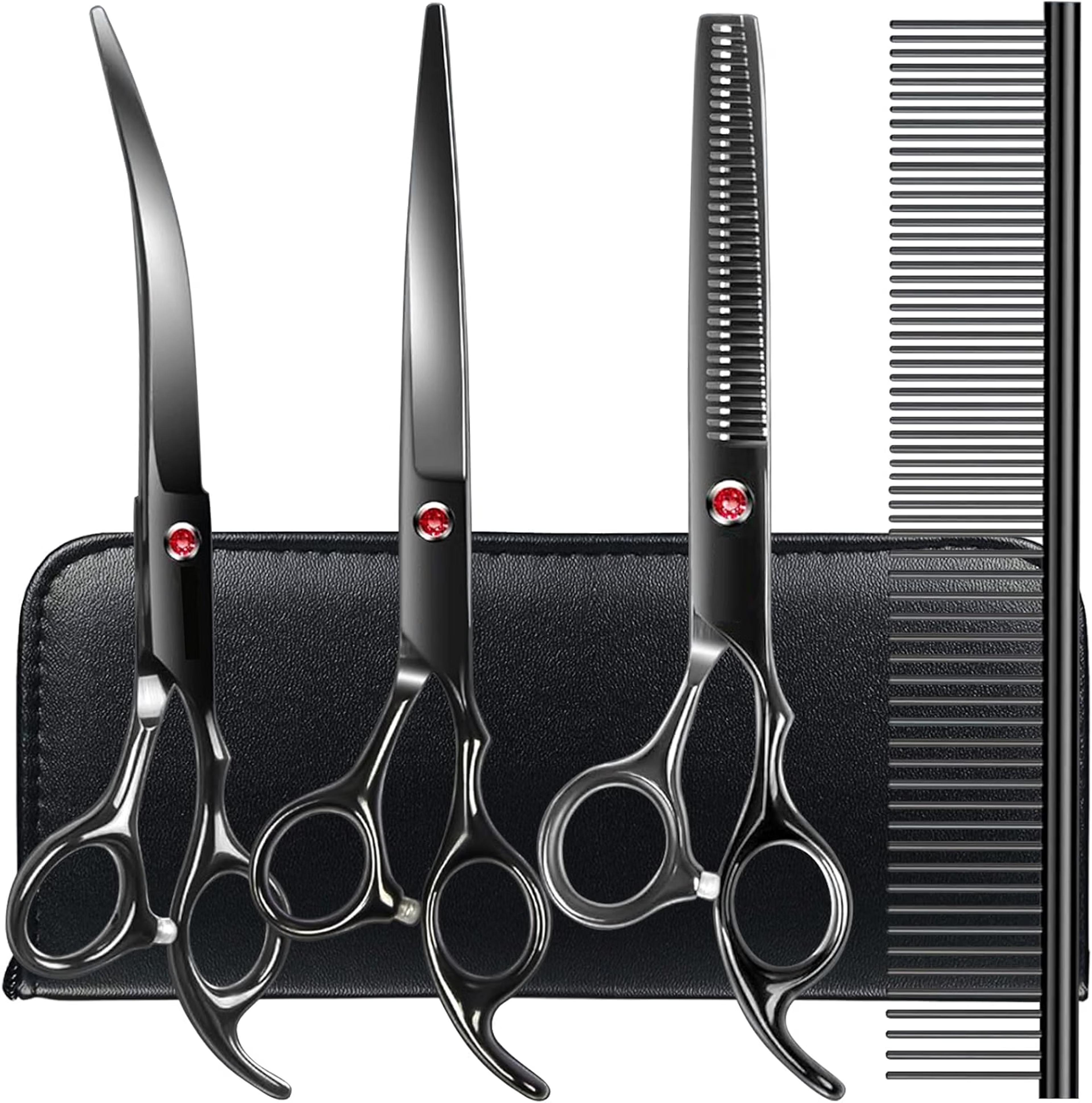Professional dog grooming scissors set with straight, curved and thinning scissors