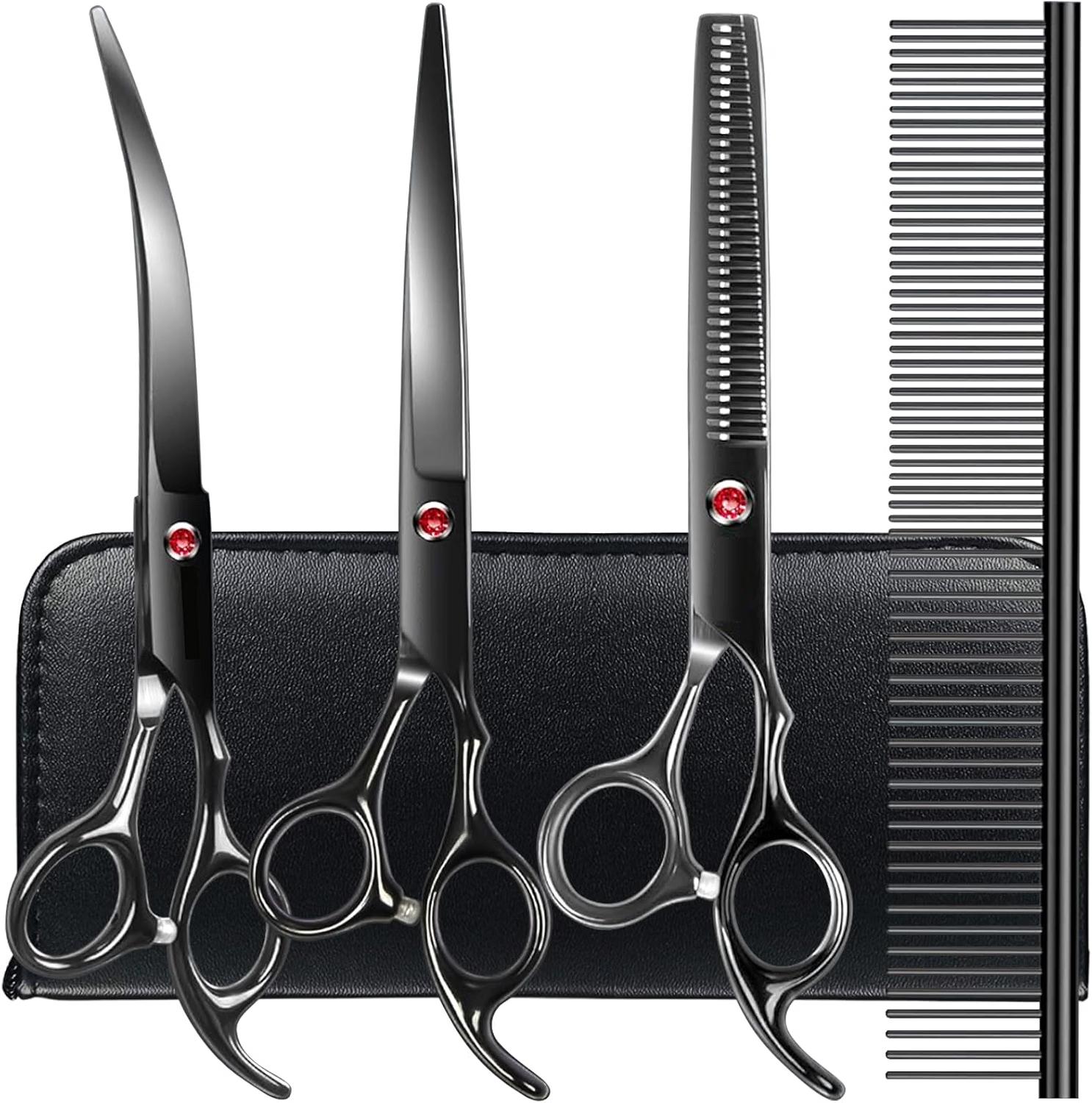 Professional dog grooming scissors set with straight, curved and thinning scissors