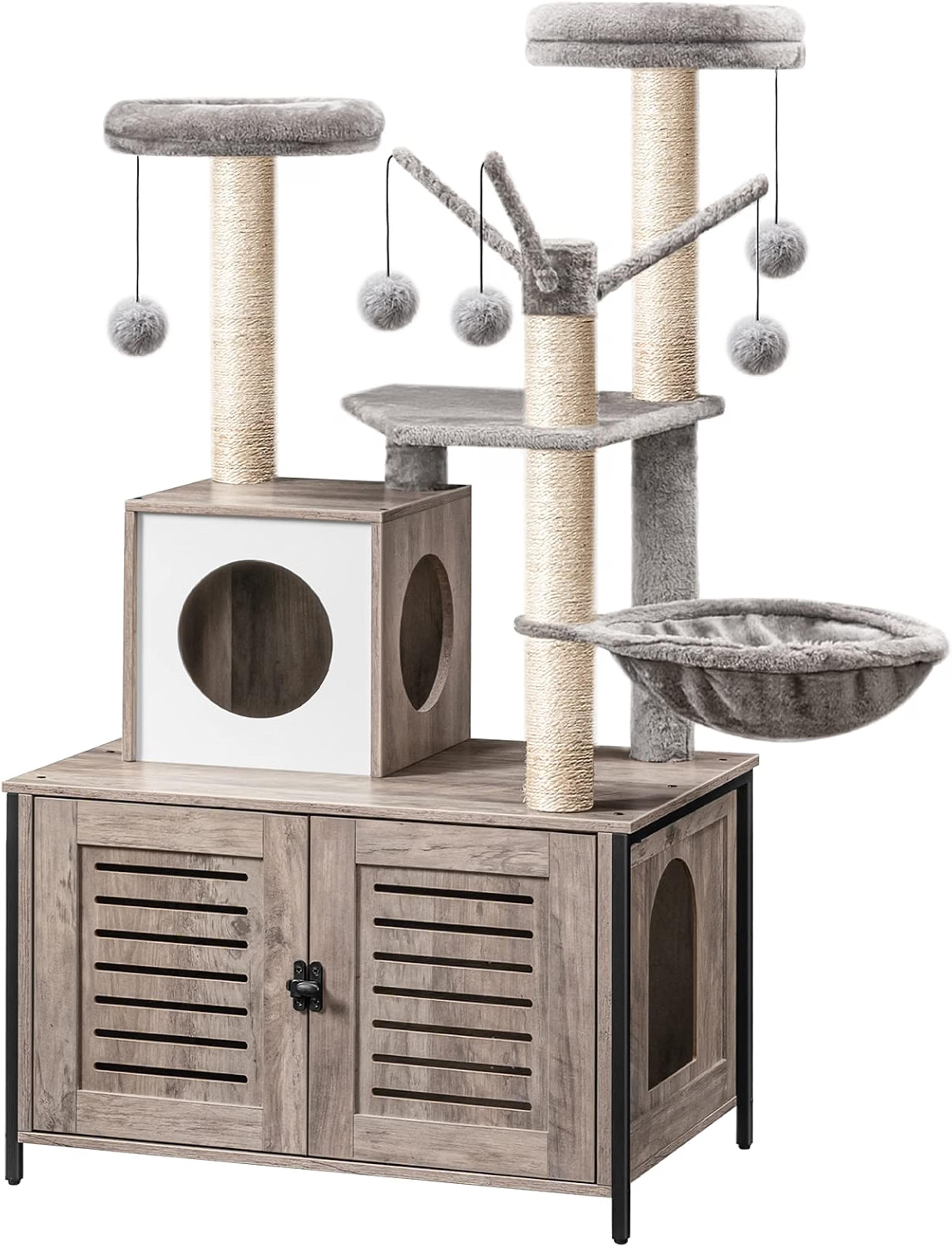 HOOBRO multi-level cat tree with hidden litter box enclosure, hammock, scratching posts, and resting areas
