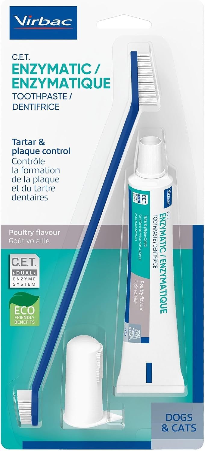 Virbac C.E.T. enzymatic toothpaste with fingerbrush and dual-ended toothbrush for dogs and cats