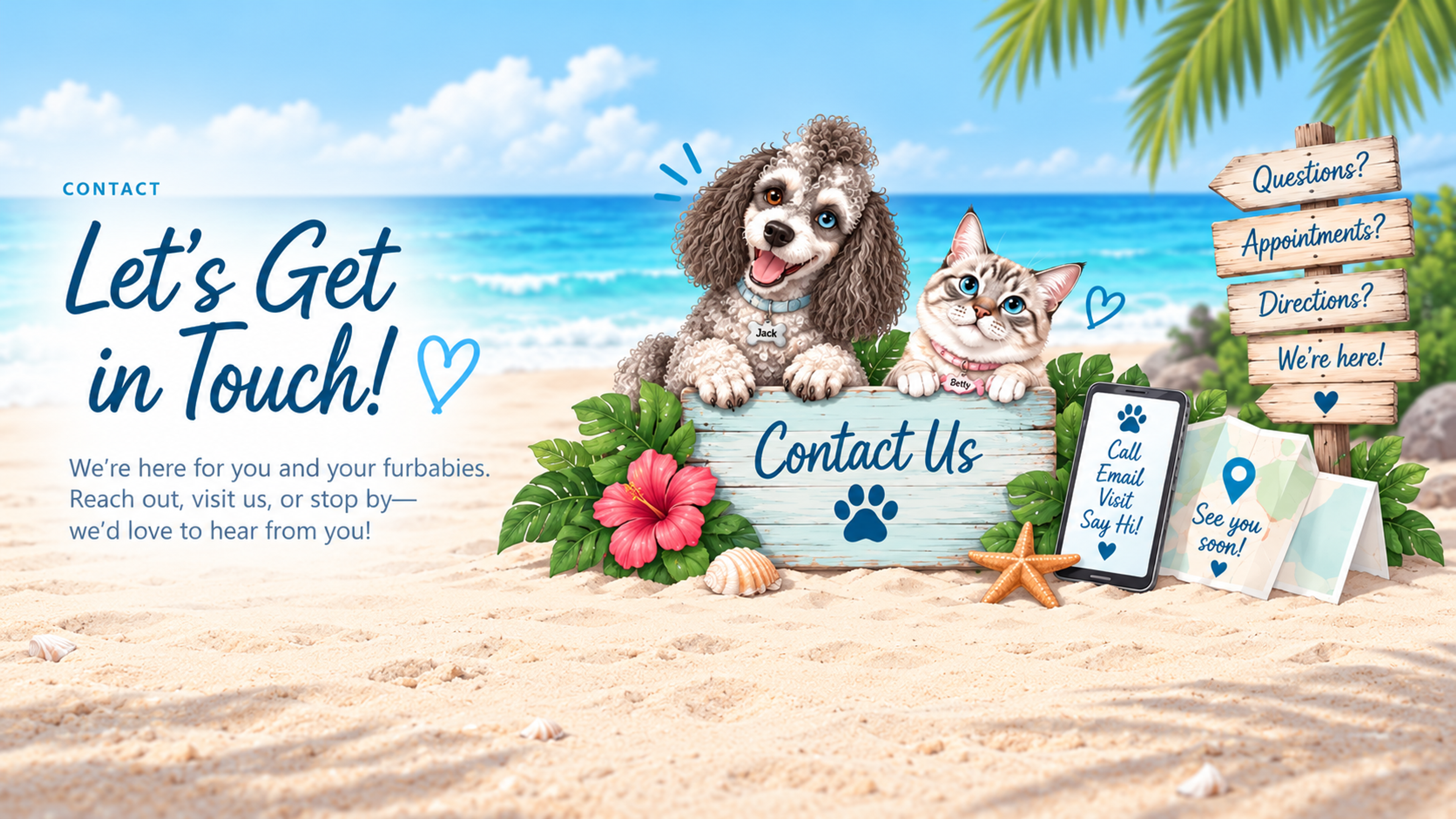 Beach-themed veterinary contact banner with Jack the curly-haired dog and Betty the blue-eyed tabby cat beside a Contact Us sign, surrounded by tropical leaves, flowers, shells, and beach signs.