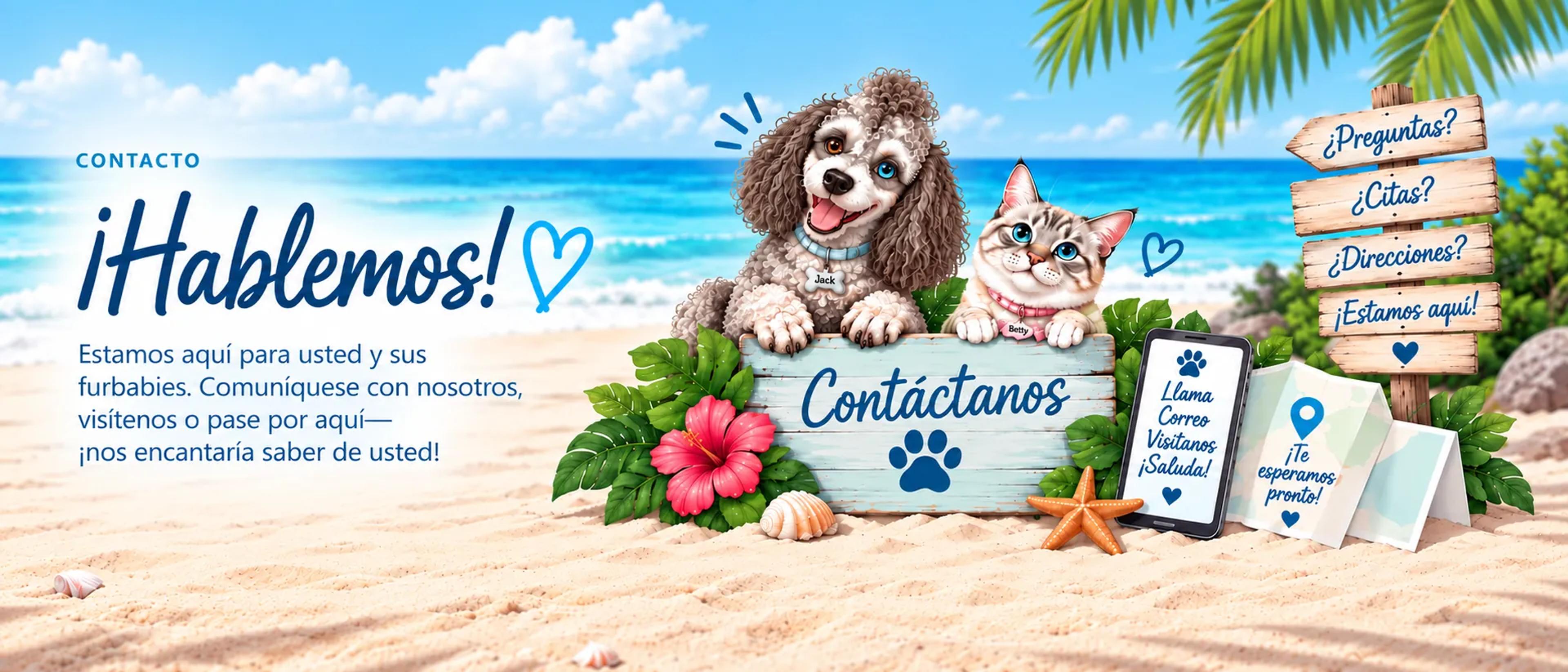 Banner de contacto veterinario con temática de playa, donde Jack, un perro de pelo rizado, y Betty, una gata atigrada de ojos azules, aparecen junto a un letrero de Contáctanos, rodeados de hojas tropicales, flores, conchas y letreros playeros.
