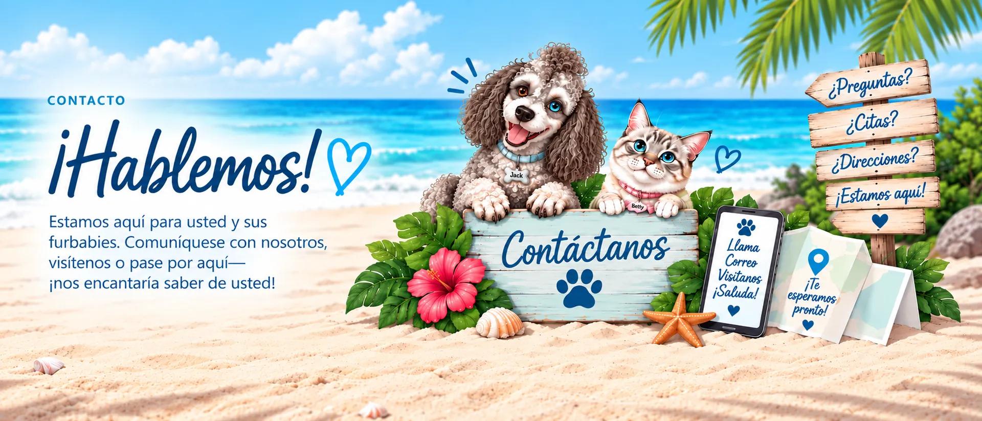 Banner de contacto veterinario con temática de playa, donde Jack, un perro de pelo rizado, y Betty, una gata atigrada de ojos azules, aparecen junto a un letrero de Contáctanos, rodeados de hojas tropicales, flores, conchas y letreros playeros.