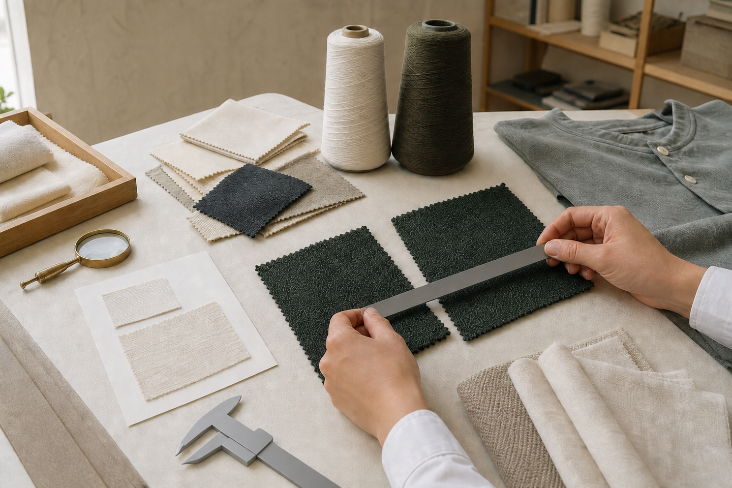 Hands comparing dark green textile swatches with an unmarked straightedge on a neutral fabric testing worktable