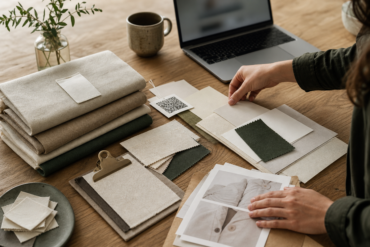 A textile sourcing desk with neutral fabric swatches, blank product cards, supporting documents, and a laptop used to organize traceability records