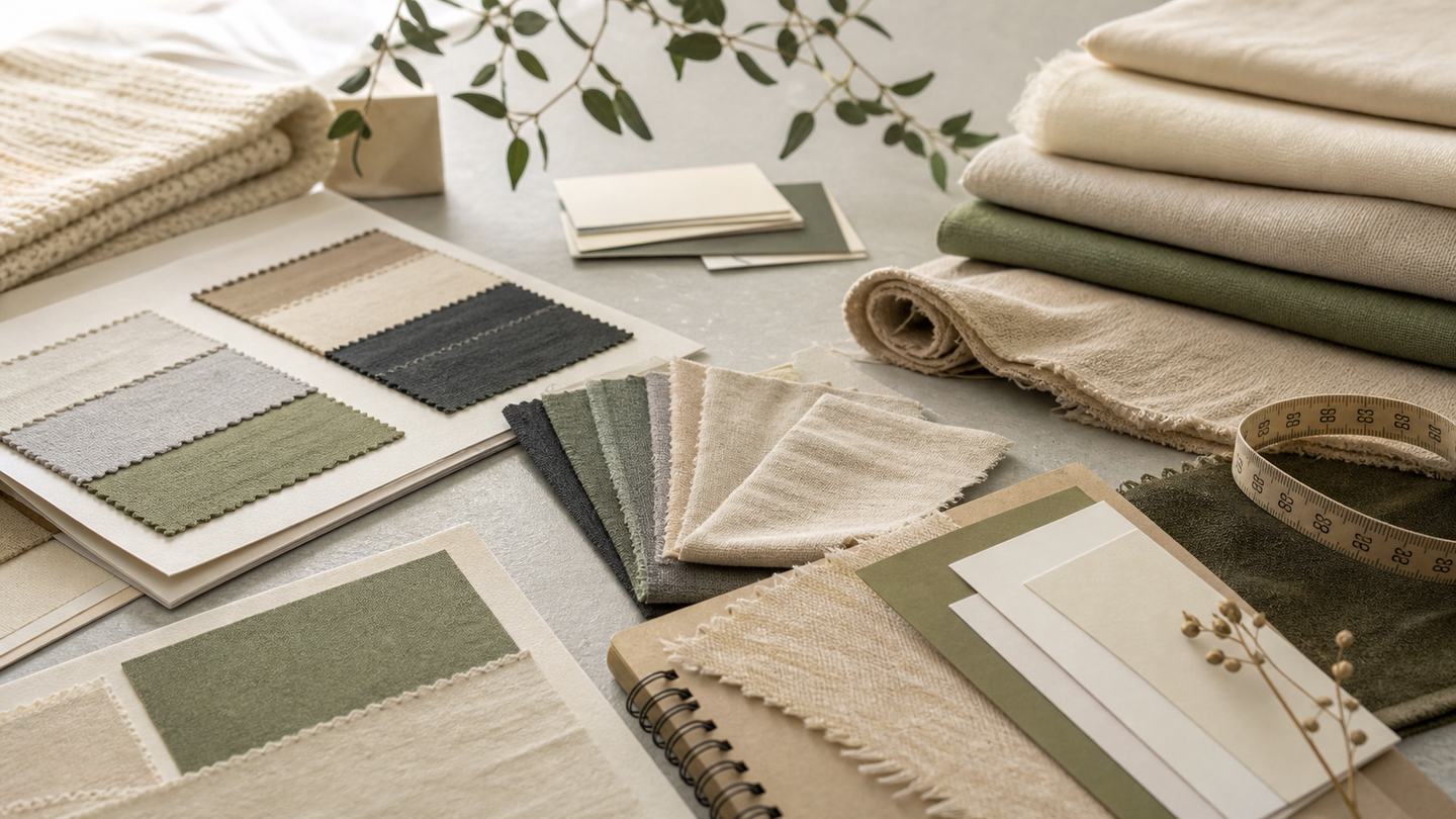 Fabric swatches and sourcing notes for a low MOQ small-batch apparel project