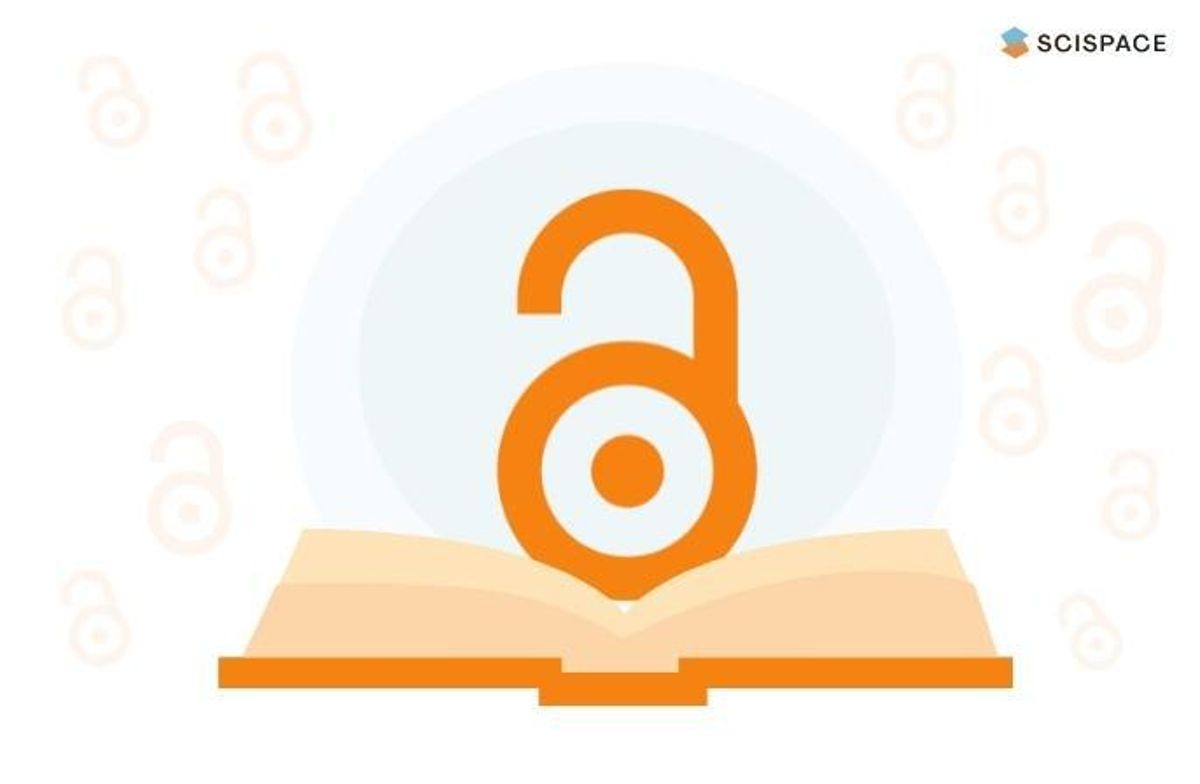 Graphic of an opened lock (the open access logo) atop an open book