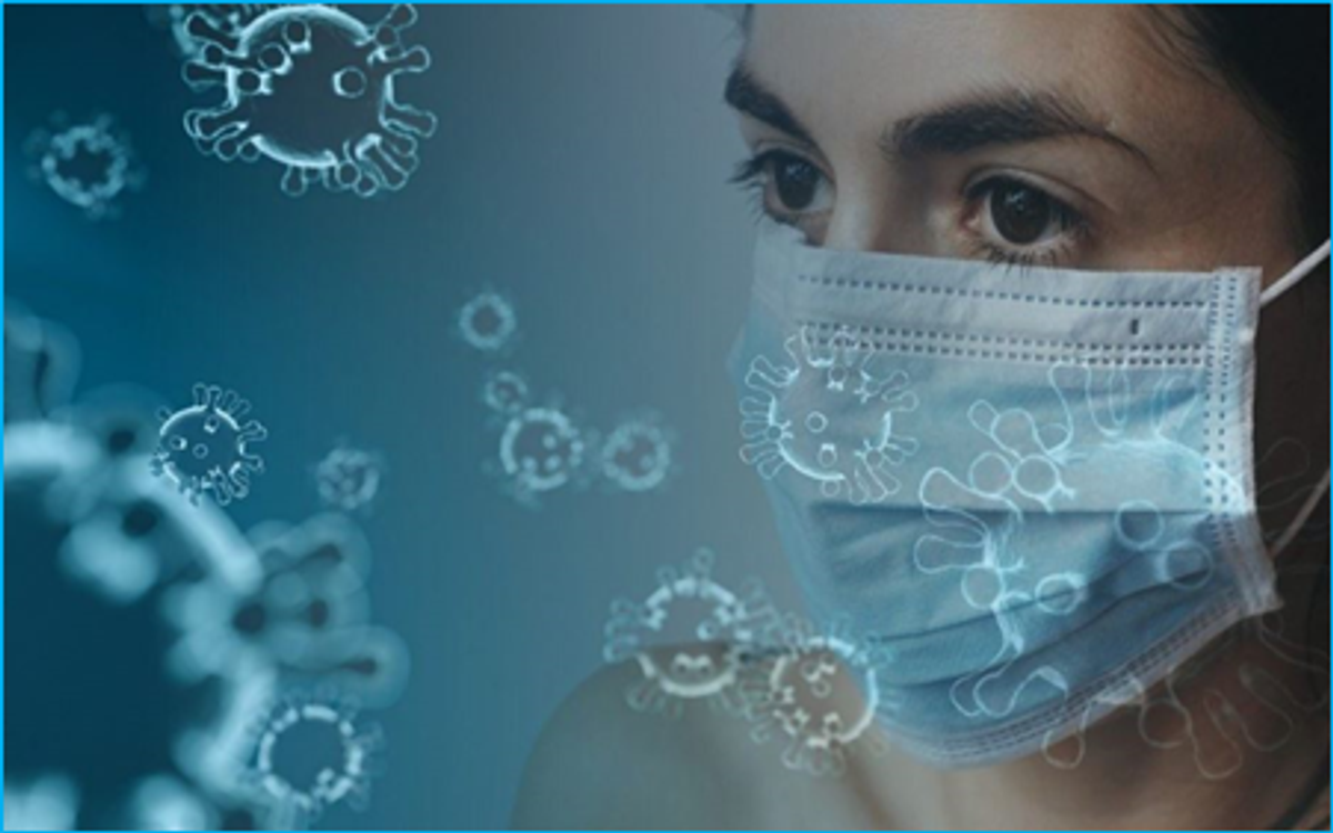 Image of a women wearing a surgical mask with graphics depicting the corona virus around her
