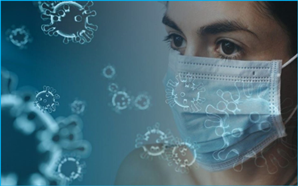 Image of a women wearing a surgical mask with graphics depicting the corona virus around her