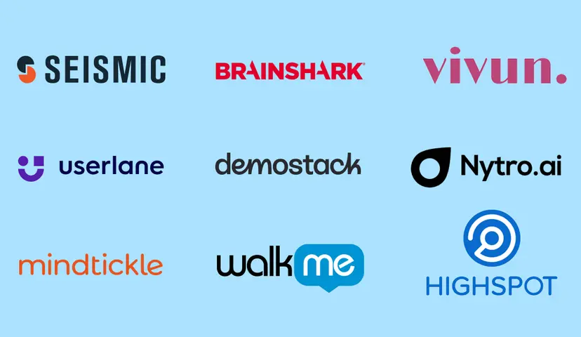 9 presales tools logos - Seismic, Brainshark, Vivun., Userlane, Demostack, Nytro,ai, Mindtickle, Walkme, Highspot
