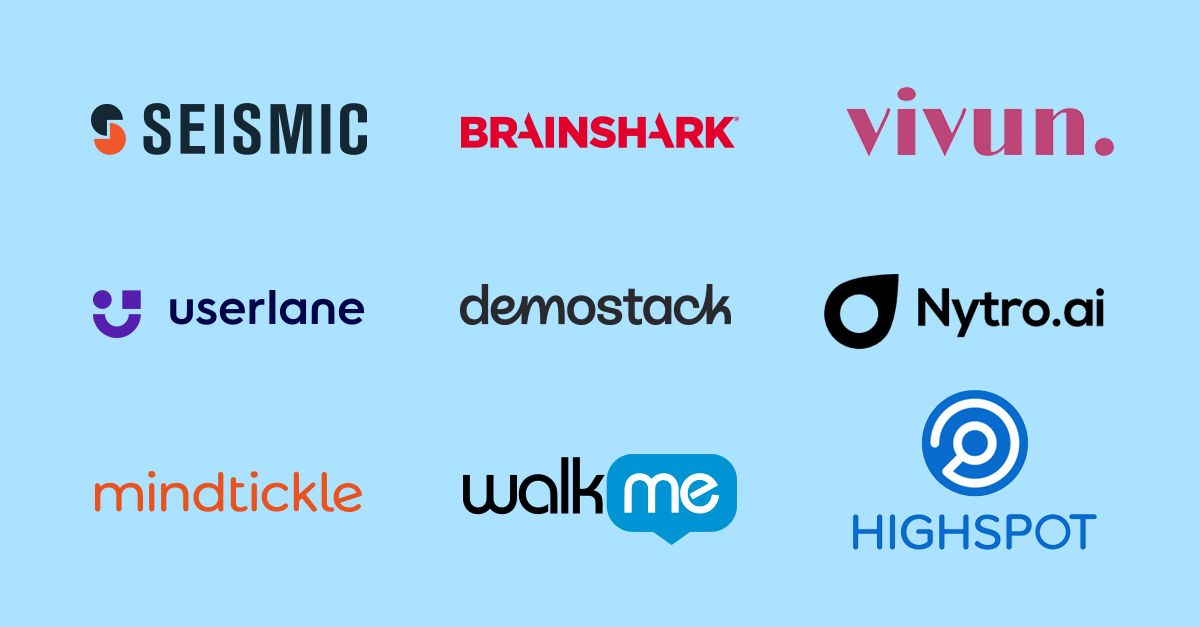 9 presales tools logos - Seismic, Brainshark, Vivun., Userlane, Demostack, Nytro,ai, Mindtickle, Walkme, Highspot