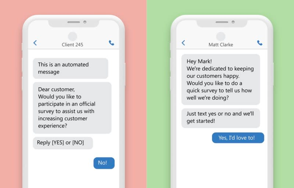 Two phone showing text messages that have been personalized to the receiver
