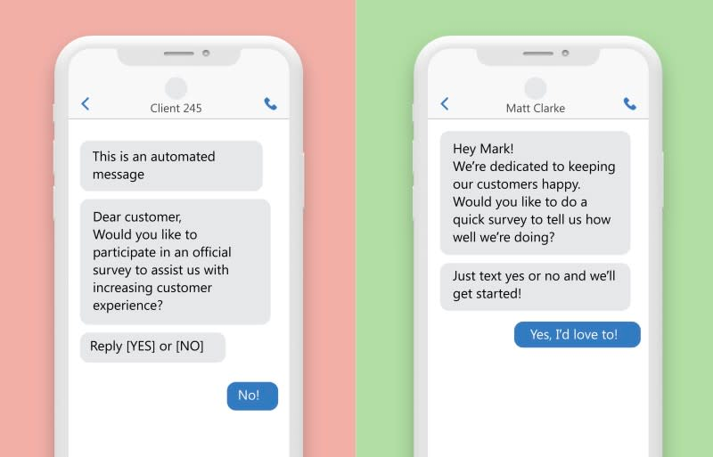Two phone showing text messages that have been personalized to the receiver Two phone showing text messages that have been personalized to the receiver