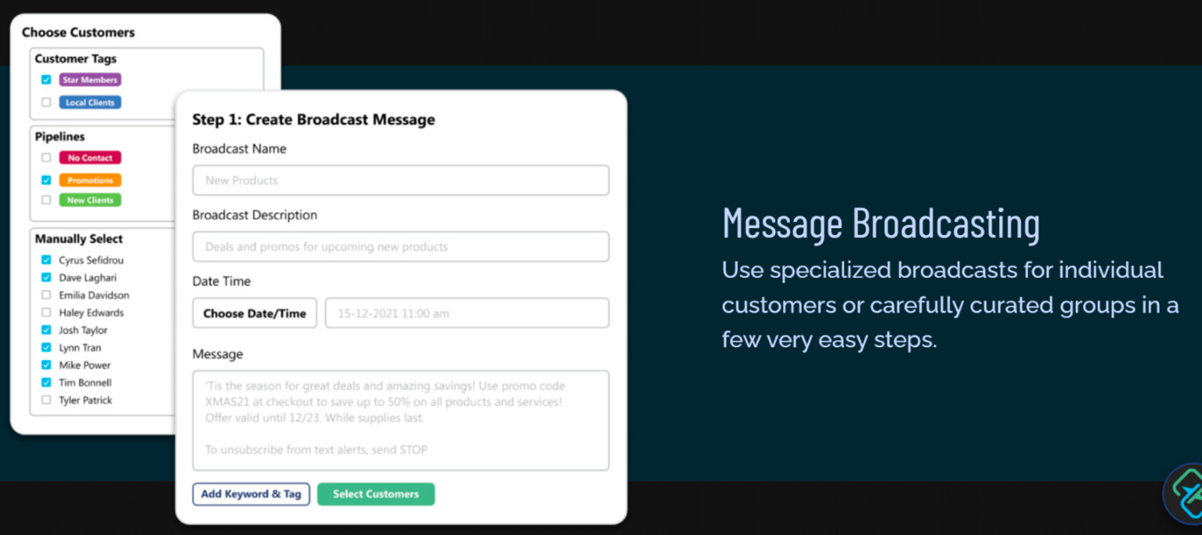 showcase of creating a broadcast in TxtSquad