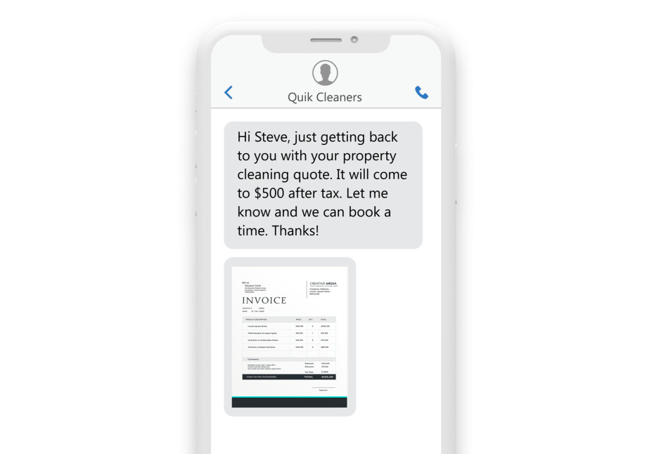 a phone showing a text message: “Hi Steve, just getting back to you with your property cleaning quote. It will come to $500 after tax. Let me know and we can book a time. Thanks!” 