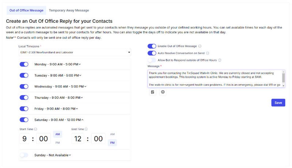 Out-of-office times and messages are easy to set and modify in the TxtSquad interface