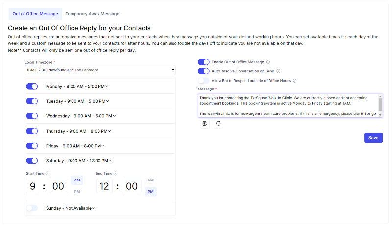 Out-of-office times and messages are easy to set and modify in the TxtSquad interface Out-of-office times and messages are easy to set and modify in the TxtSquad interface