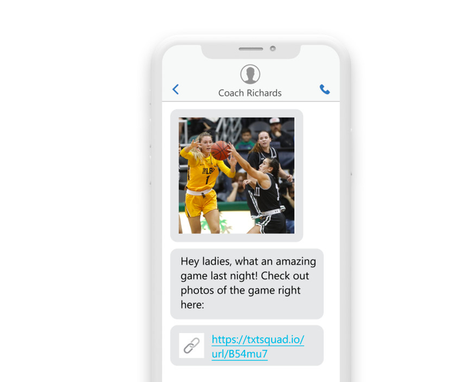 an sms conversation on a phone showing an image of basketball players reading Hey ladies, what an amazing win last night! Check out the photos of the game right here