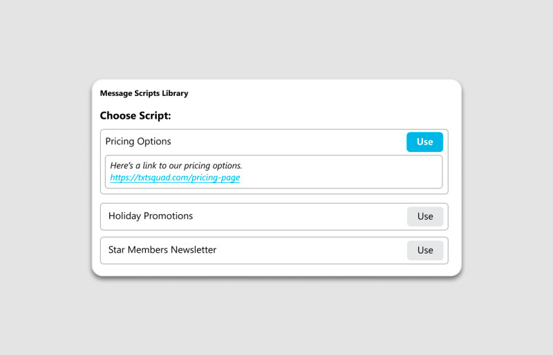 A screenshot of the TxtSquad app showing how to create a script for texting A screenshot of the TxtSquad app showing how to create a script for texting