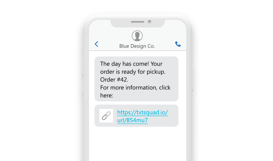 an sms showing “The day has come! Your order is ready for pickup. Order #42. For more information click here: https://txtsquad.io/url/B54mu7.”