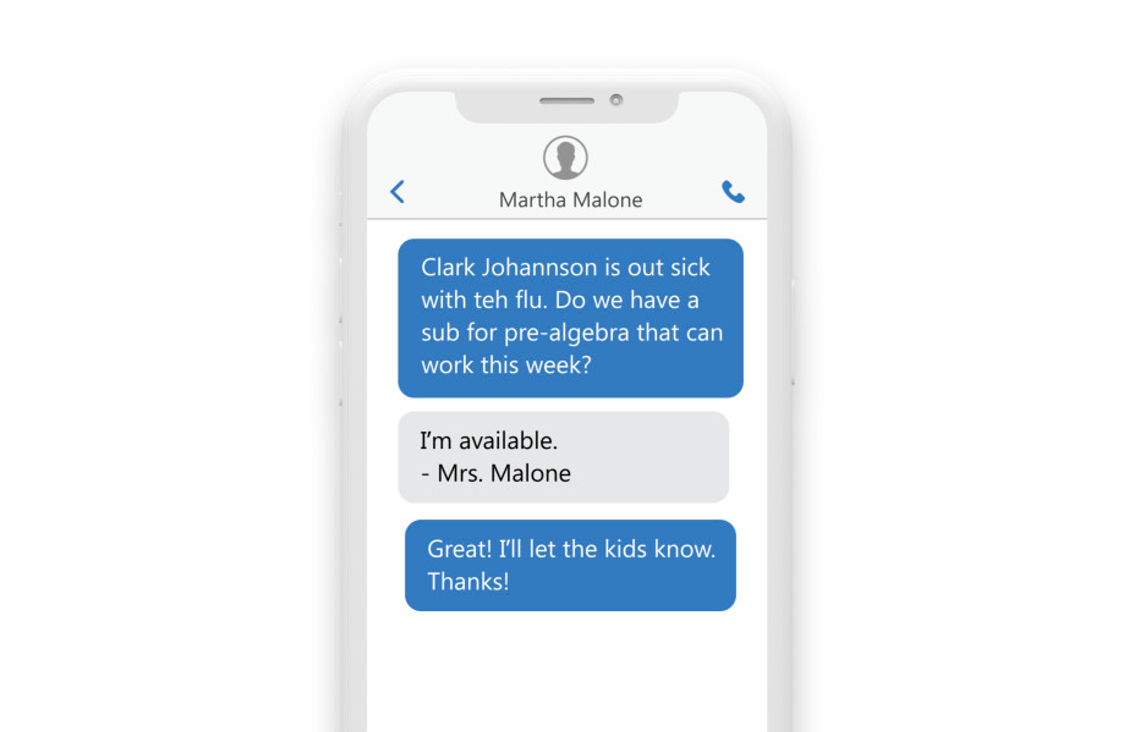 a text conversation about a sick call with faculty members