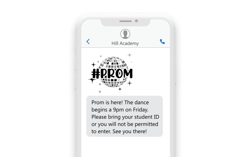 an phone showing the sms “Prom is here! The dance begins at 9PM on Friday. Please bring your student ID. If you don't bring your ID, you will not be permitted to enter! See you there!” an phone showing the sms “Prom is here! The dance begins at 9PM on Friday. Please bring your student ID. If you don't bring your ID, you will not be permitted to enter! See you there!”