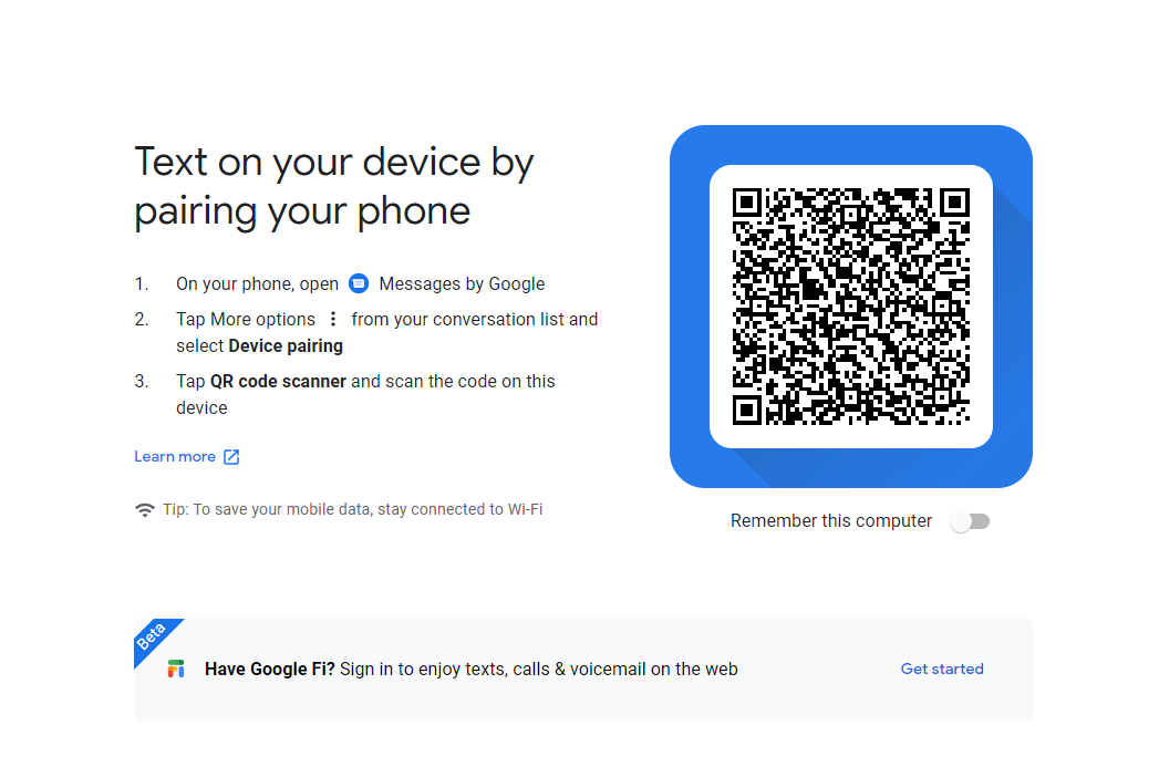 A Picture of a QR Code and instructions for setting up messages by google for the web